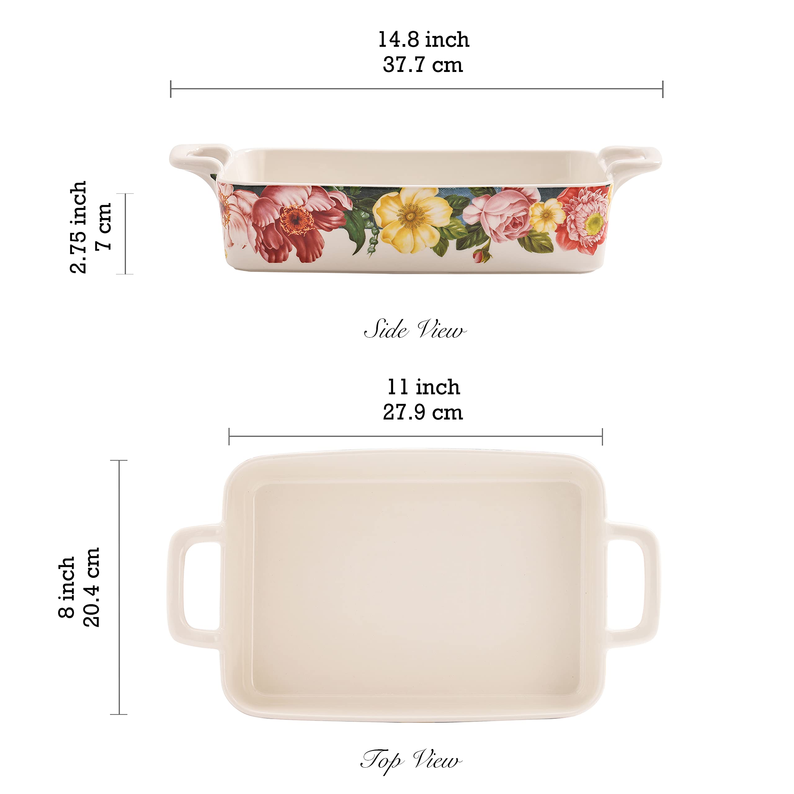 Bico Peony Heaven Stoneware Baking Dish Set - 2-Piece Large & Medium Rectangular Oven Safe Bakeware for Lasagna, Casseroles | Microwave, Dishwasher Safe | Perfect for Family Dinners, Holiday Baking & Meal Prep