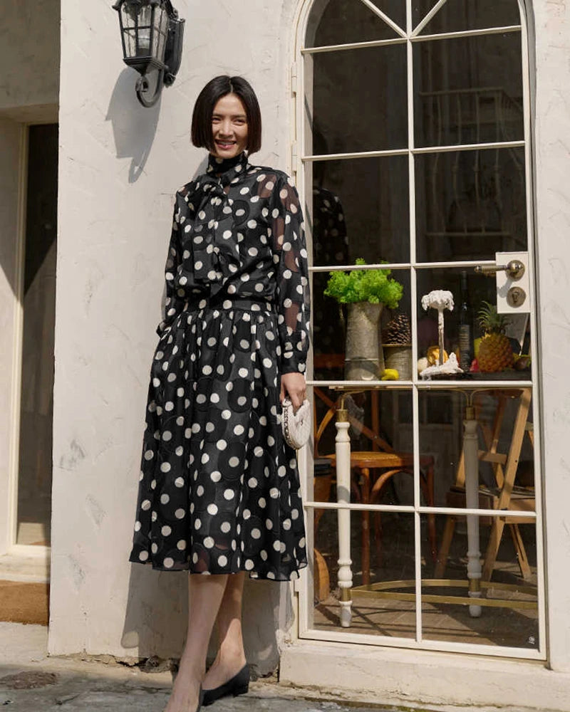 Elegant Polka Dot Silk Blouse and Skirt Set for Women | Vintage Floral Print Silk Top & Midi Skirt Outfit | Perfect for Office Wear, Cocktail Parties & Special Occasions