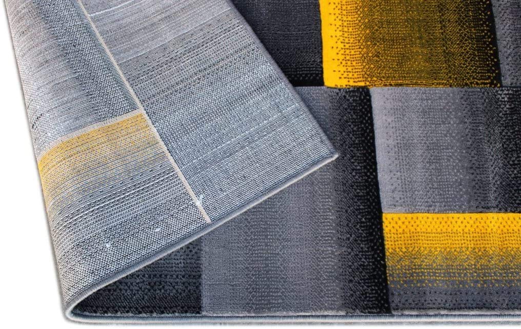 Modern Contemporary Boxes Area Rug in Yellow, Grey & Black - 8x10 Feet Soft Non-Slip Living Room Rug for Bedroom, Office & Home Decor