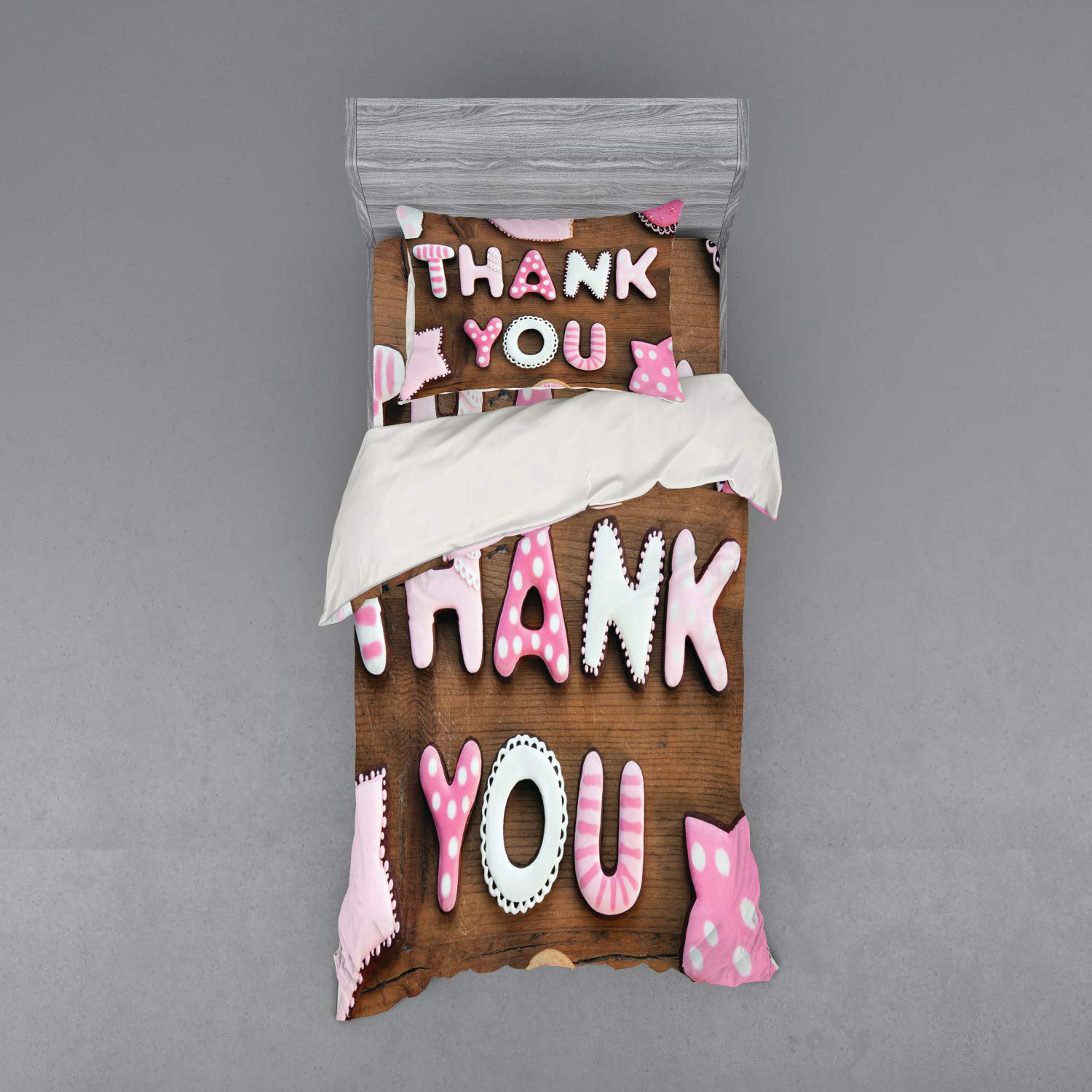Ambesonne Thank You Bedding Set - Romantic Cookie Letters Sugar Candy Design on Rustic Wood Table, 3-Piece Duvet Cover Set with Pillow Sham & Fitted Sheet, Twin Size in White Brown & Pink - Perfect for Guest Rooms, Dorm Decor & Cozy Bedroom Makeovers