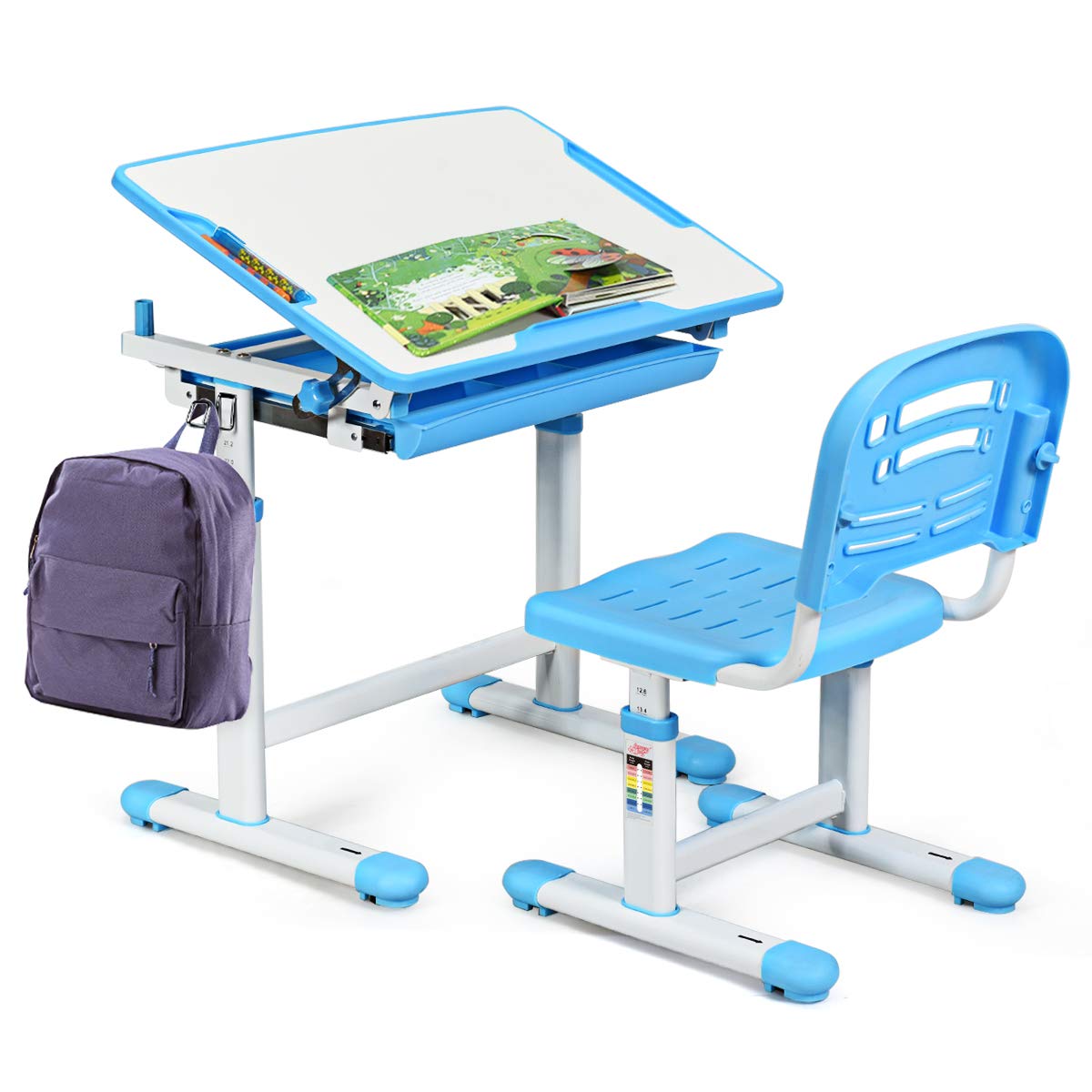 BABY JOY Adjustable Kids Desk and Chair Set - Ergonomic Study Desk with Tiltable Desktop, Storage Drawer & Metal Hook - Perfect for Homework, Drawing & Online Learning (Blue, Boys & Girls)