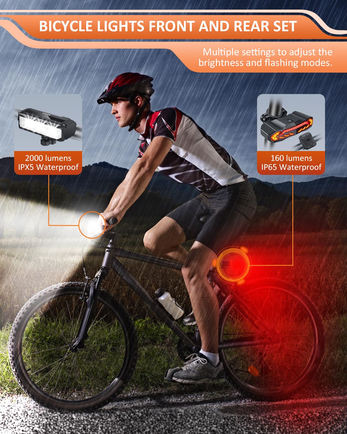 ONVIAN 2000 Lumen Rechargeable Bike Light Set - Waterproof Bicycle Headlight with Turn Signals & Alarm for Night Riding | Mountain, Road & Dirt Cycling for Adults & Kids | Perfect for Commuting, Trail Adventures & Urban Safety
