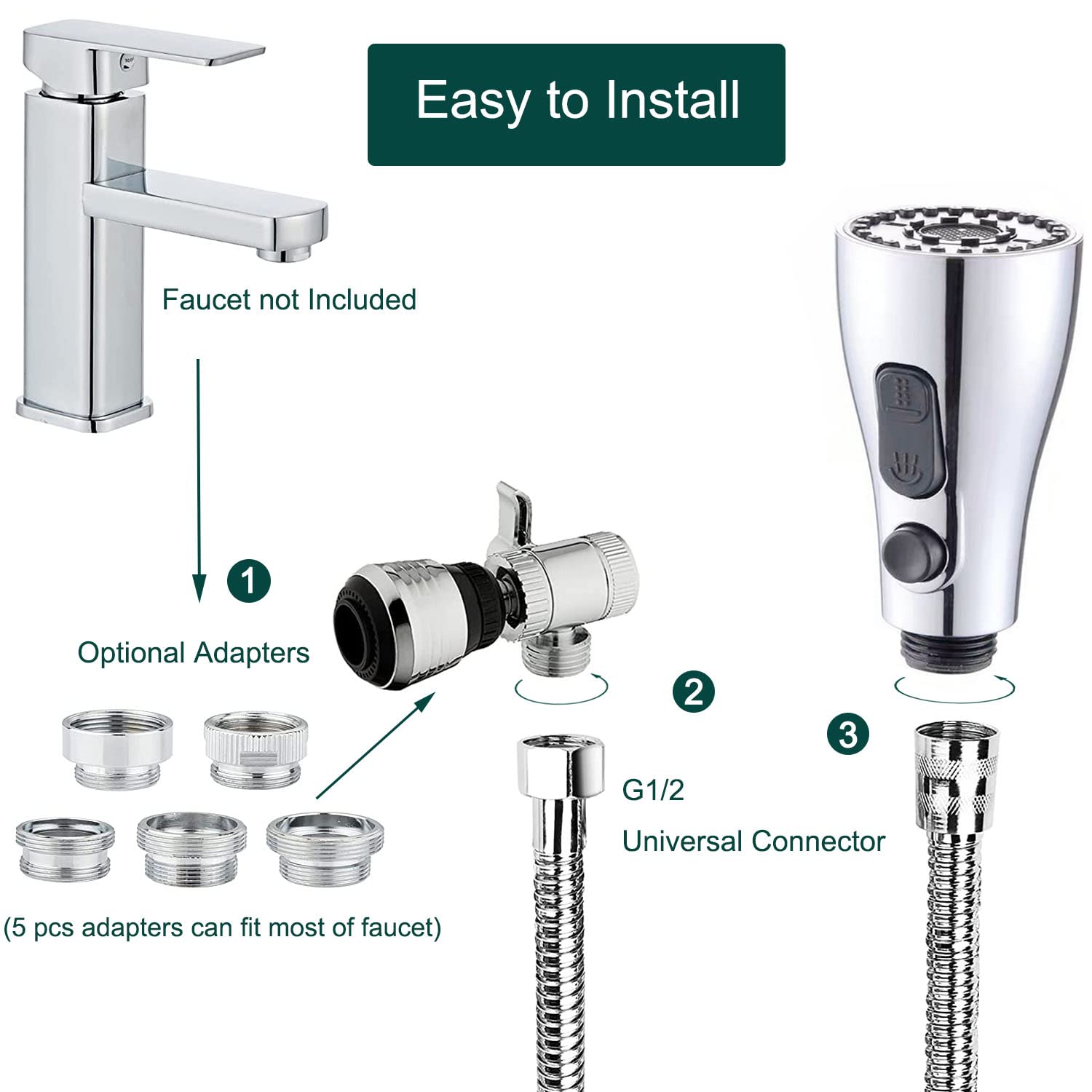 3 Modes Kitchen Faucet Sink Sprayer Attachment Set with Stainless Steel Hose, Brass Diverter Valve & 5 Adapters - Perfect for Washing Fruits, Dishes, Hair & Pet Grooming