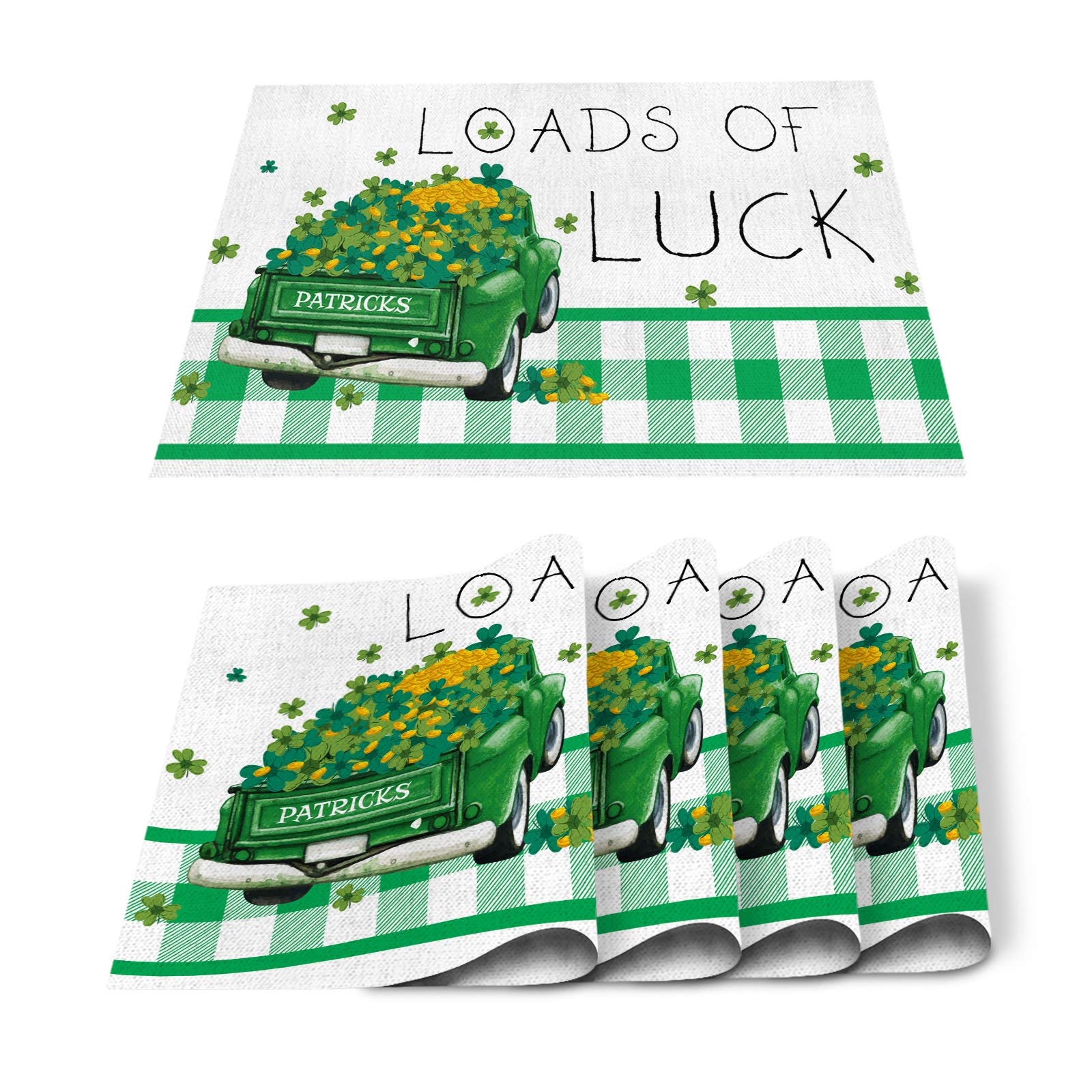 4-Pack Heat & Stain Resistant Placemats for Kitchen Dining Table - St. Patrick's Day Truck Load of Luck Shamrock Green Plaid Design - Easy to Clean - Perfect for Holiday Parties, Family Dinners & Everyday Use