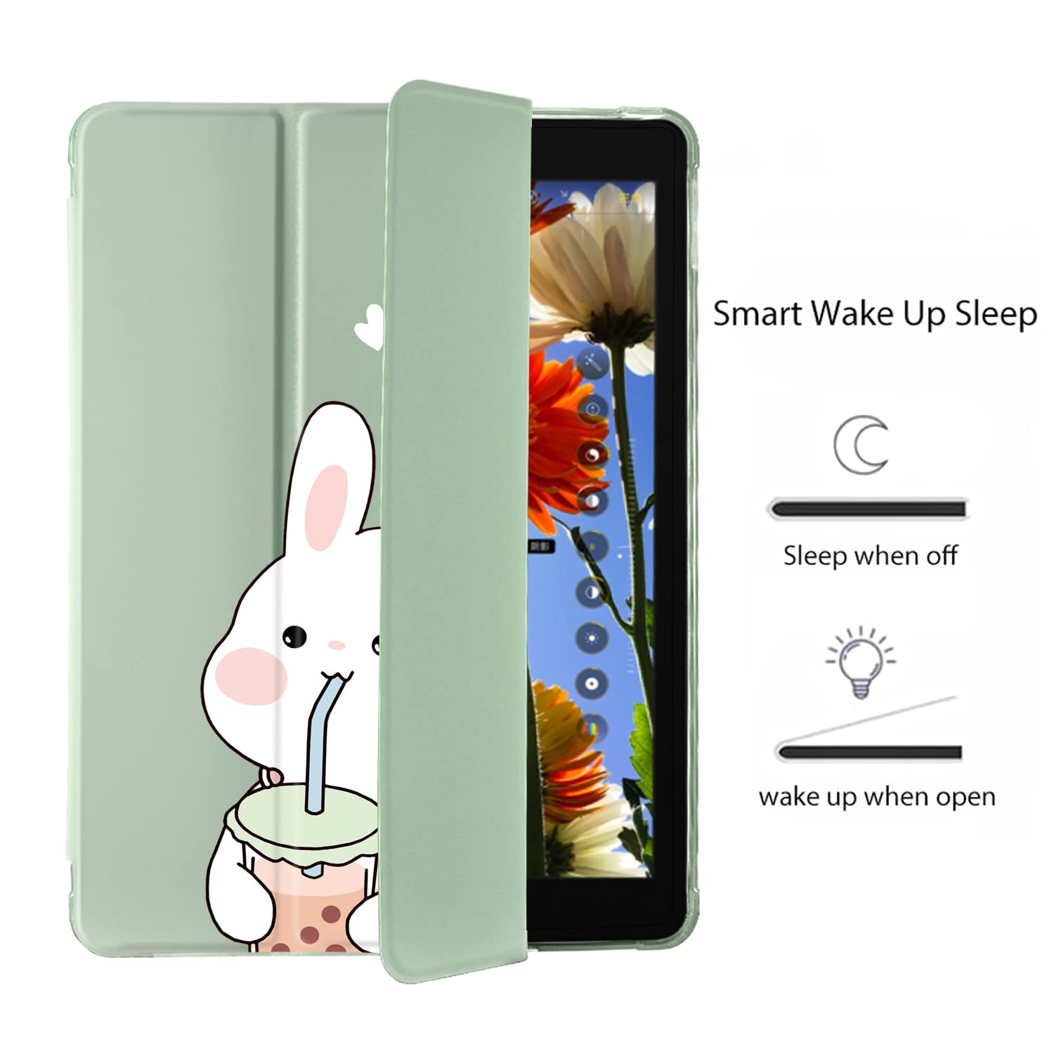 Cartoon Bunny iPad Air 3 Case with Pencil Holder - Green Leather Soft TPU Back Cover for iPad Pro 10.5 Inch (2017 Model) | Auto Sleep/Wake Function | Perfect for Work, School & Travel Protection