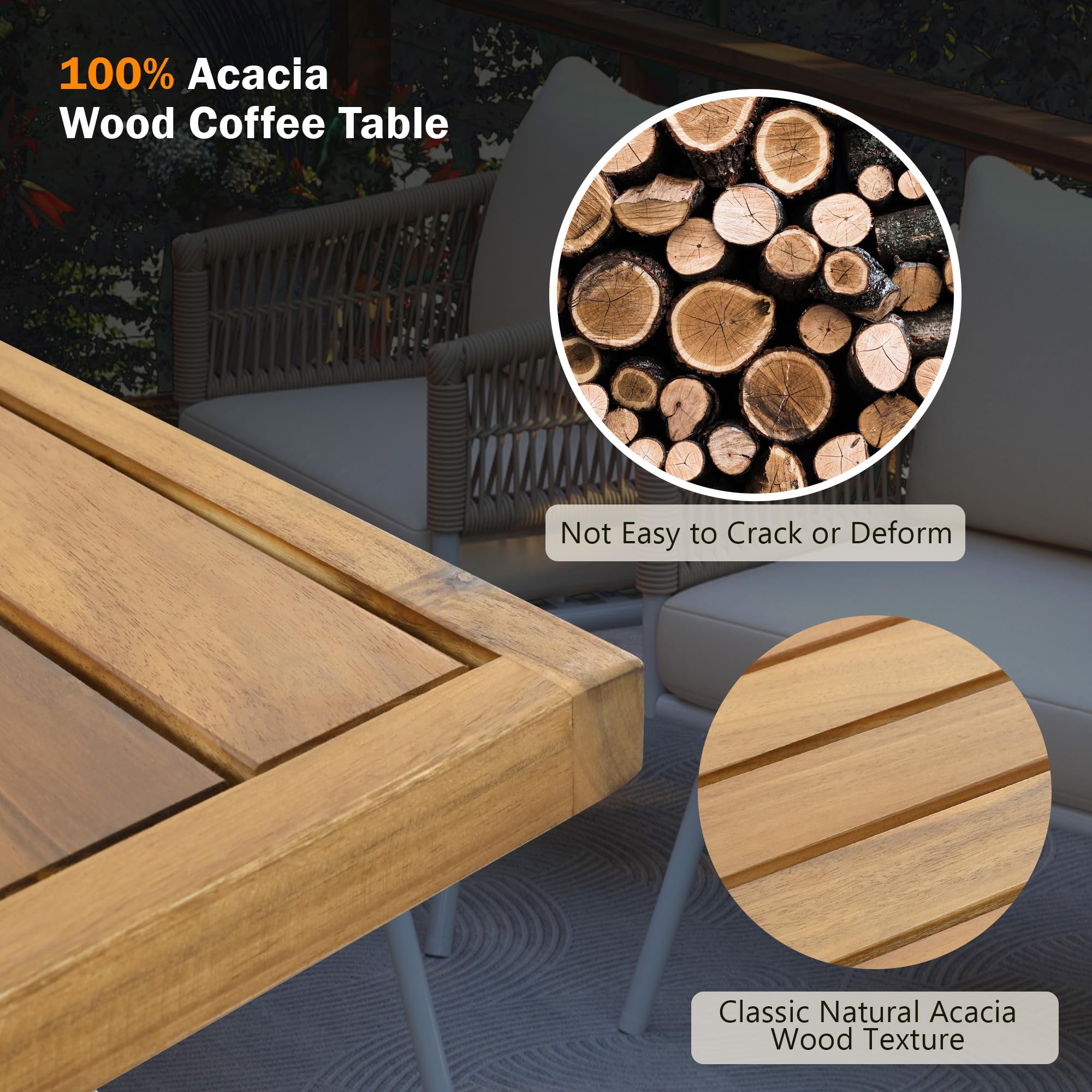 4-Piece Outdoor Patio Furniture Set with Thick Cushions & Deep Seating - Boho Style Acacia Wood Table Conversation Set for Backyard, Poolside or Garden - Perfect for Relaxing, Entertaining and Outdoor Gatherings (Beige)