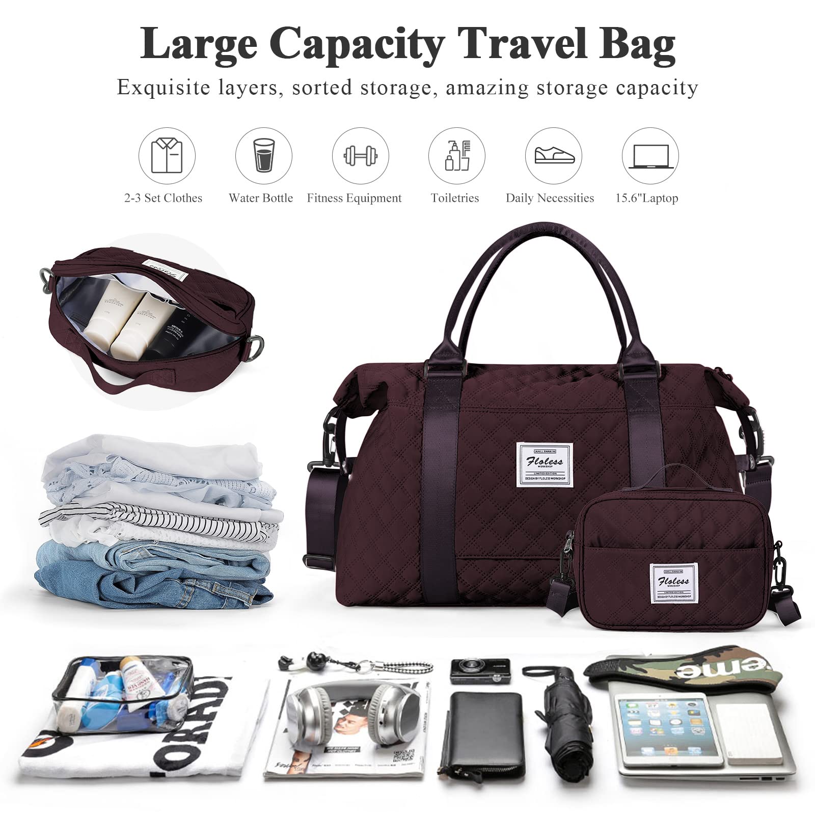 Stylish Women's Weekender Travel Bag with Toiletry Pouch & Wet Pocket - Overnight Duffel, Gym Tote Carry-On Bag in Wine Purple - Perfect for Weekend Getaways, Gym Sessions & Business Trips