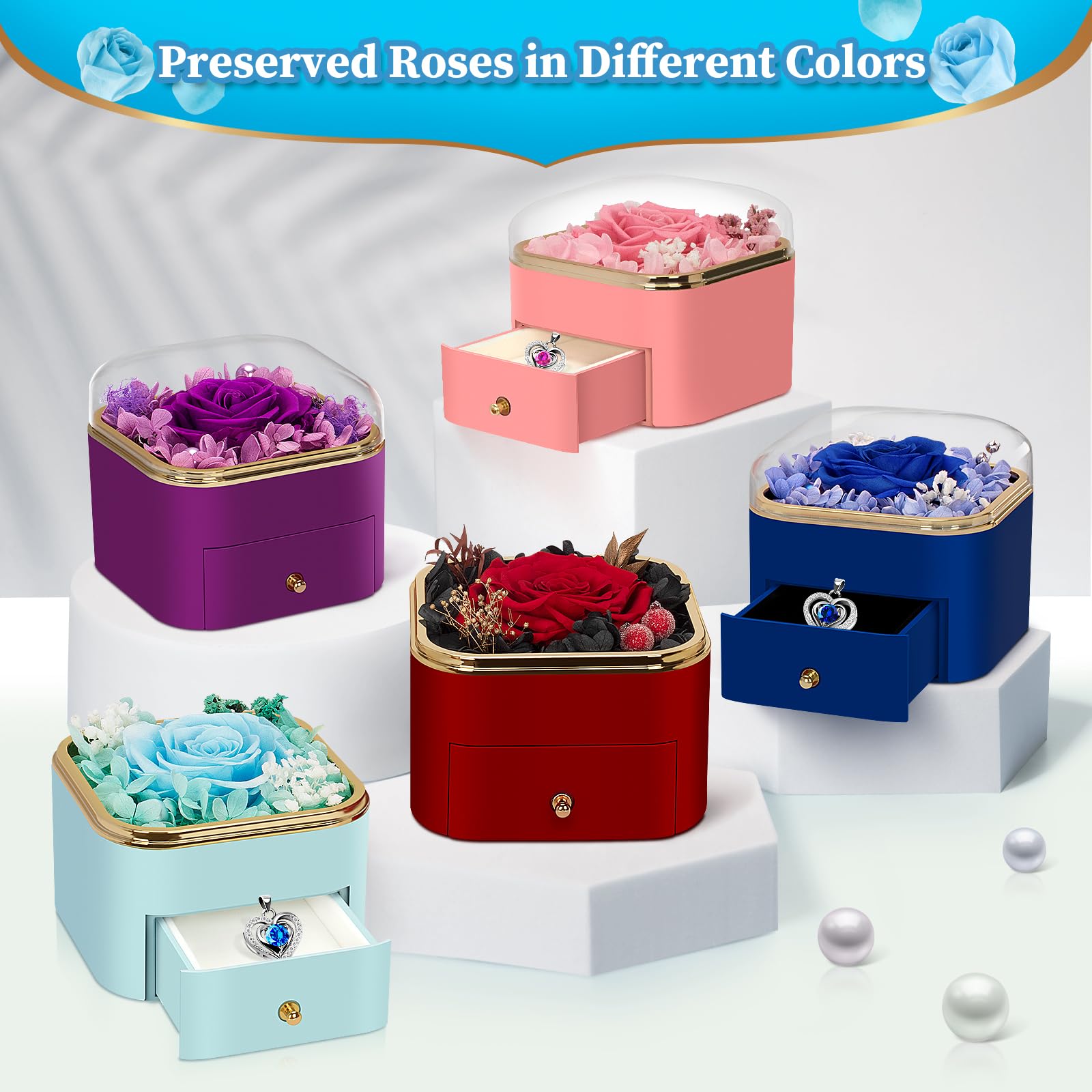 Eternal Rose Necklace Gift Set for Women - Preserved Real Rose with Heart Pendant, Birthday Anniversary Christmas Present for Wife, Girlfriend, Mom, Grandma (Blue) | Romantic Keepsake for Special Occasions