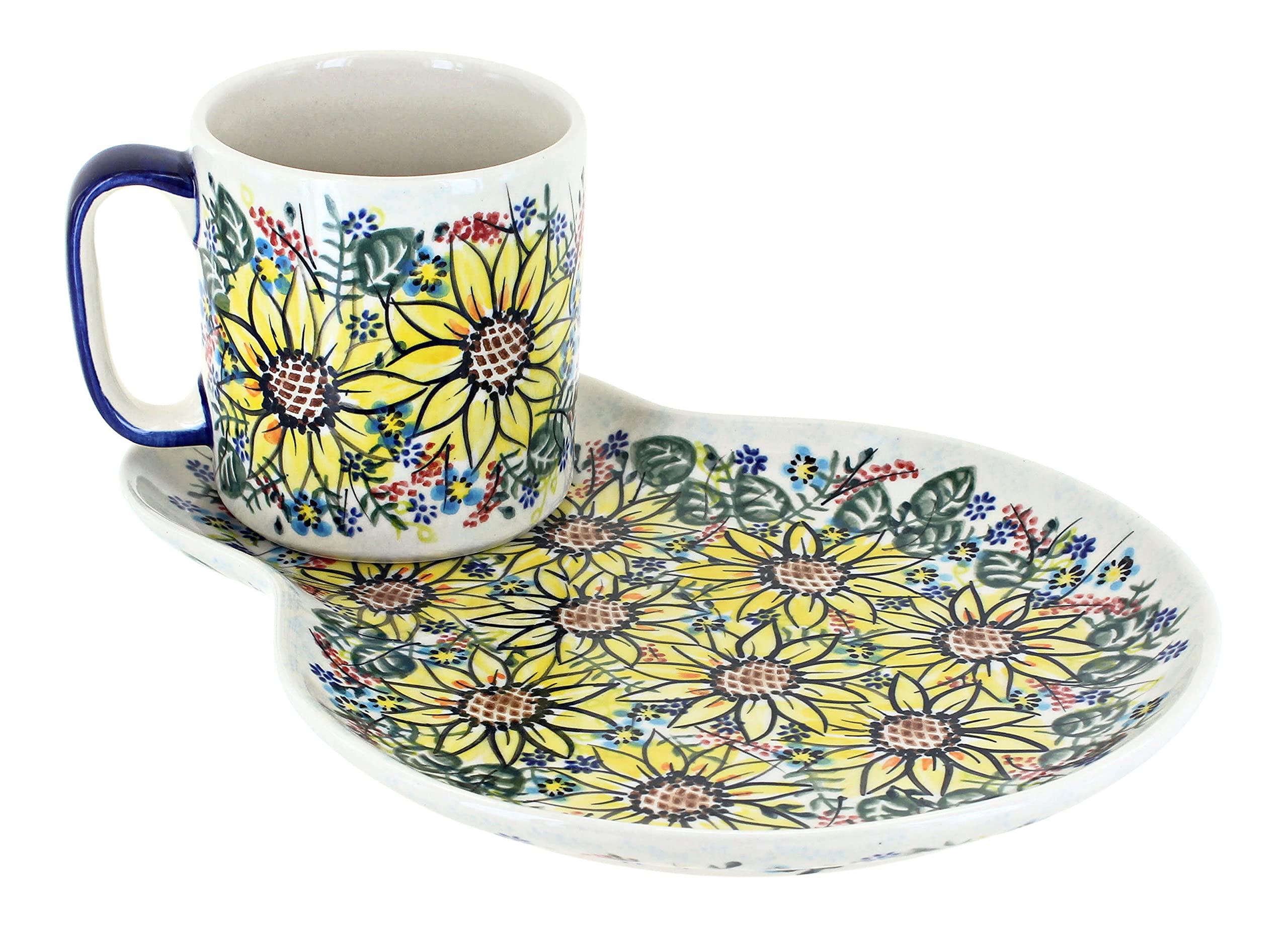 Blue Rose Polish Pottery Sunflower Maze Breakfast Plate and Mug Set - Elegant Handmade Ceramic Dishware for Coffee, Tea, and Morning Meals