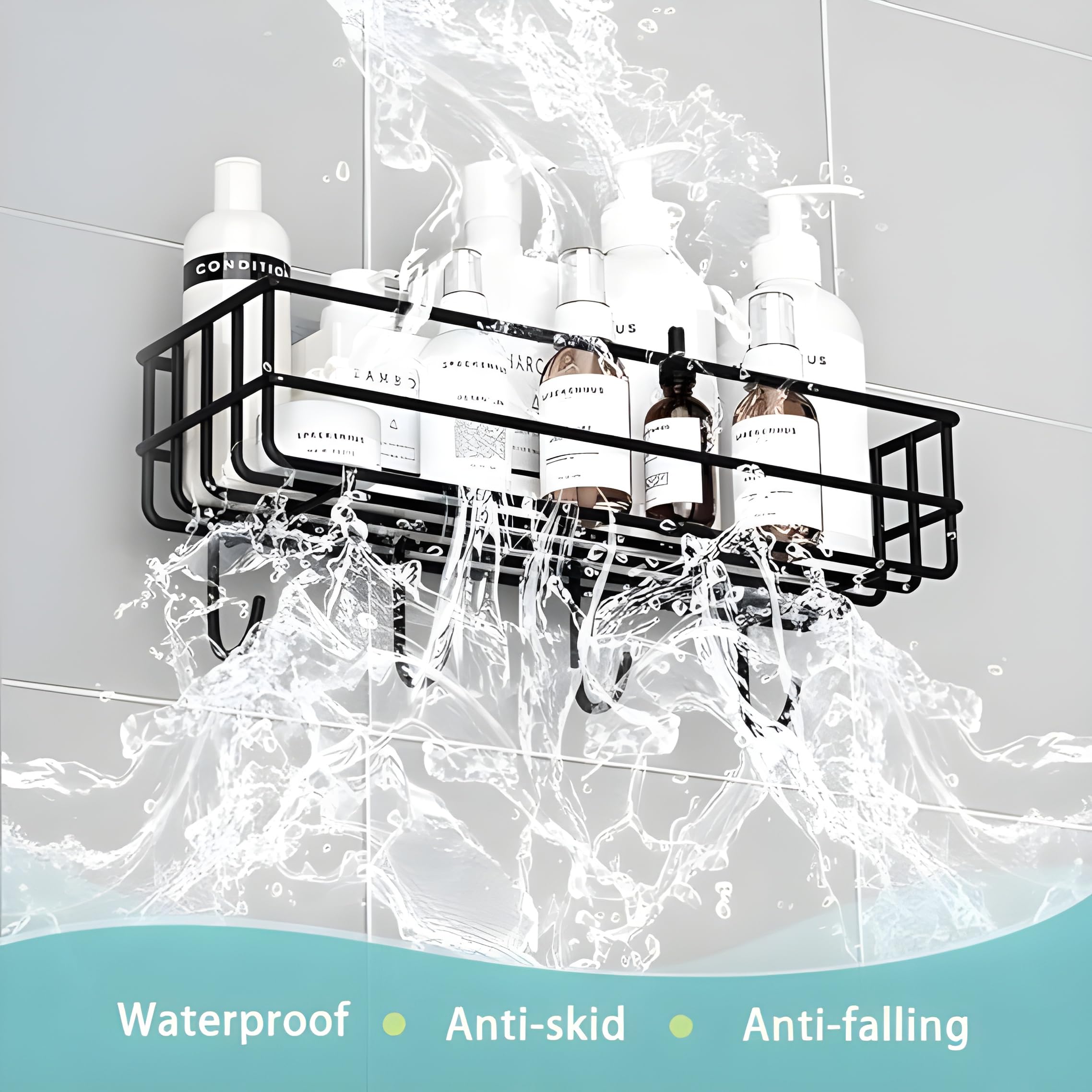 JIALTO Wall-Mounted Bathroom Shelf Organizer with Hooks - Black Space-Saving Bathroom Storage Rack & Towel Holder - Perfect for Small Bathrooms, Showers, and Vanity Organization (Pack of 1)