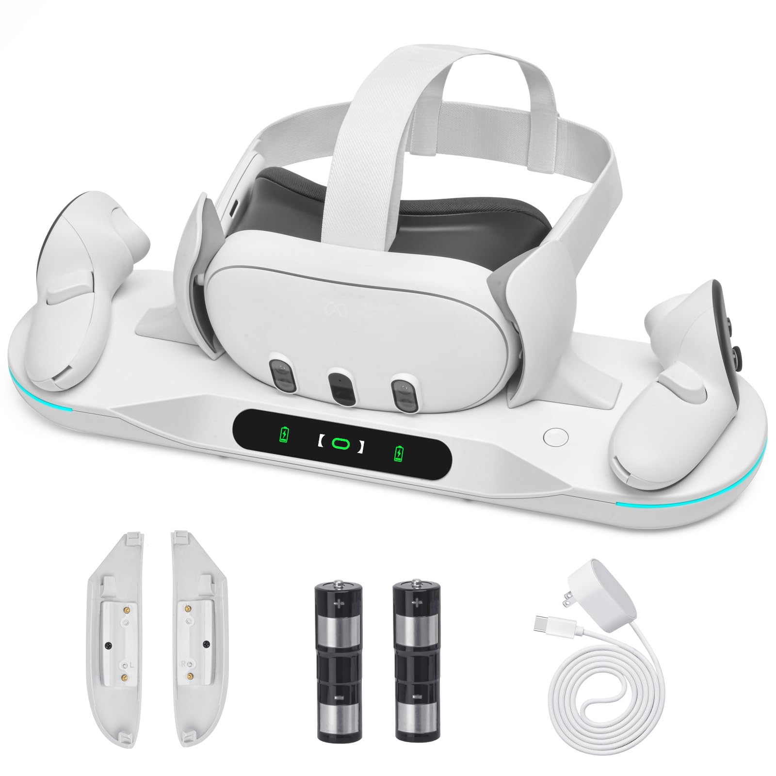 Meta Quest 3 Charging Dock - Auto-Clamping VR Charging Stand with Magnetic Charger for Quest 3 Headset & Controllers | Includes 2 Rechargeable Batteries, Battery Cover & LED Indicator | Perfect for Gaming, VR Entertainment & Display Storage