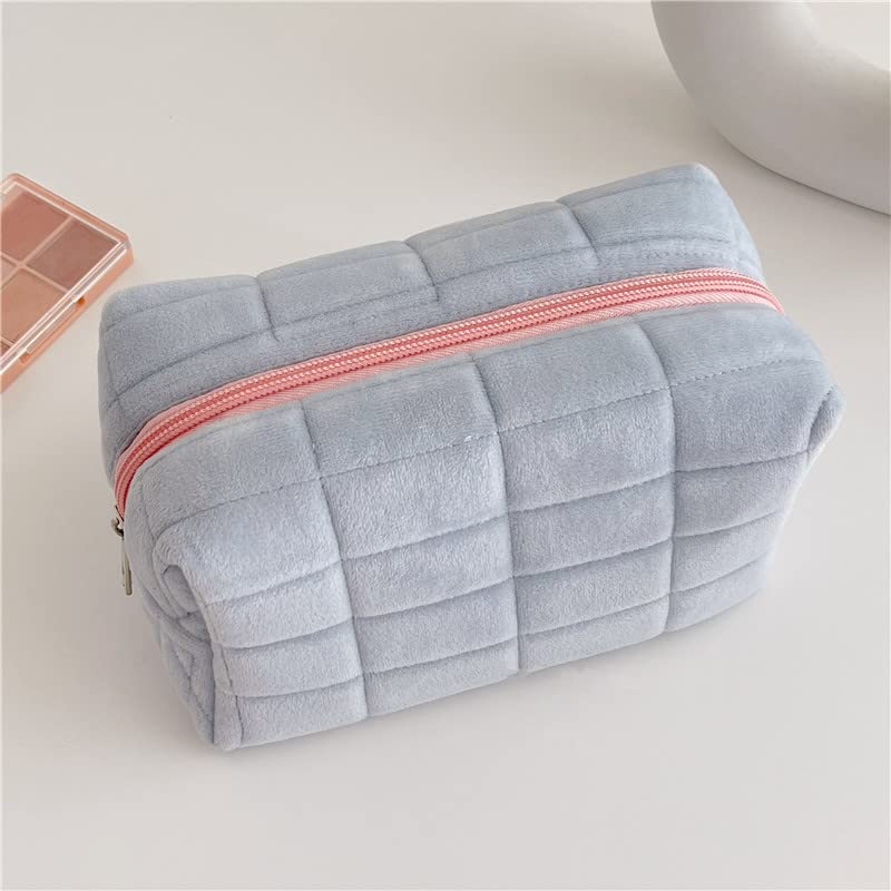 Cute Plush Checkered Makeup Bag for Women - Large Zipper Cosmetic Travel Organizer, Portable Toiletry Bag with Multi-Functional Storage for Brushes & Essentials | Perfect for Travel, Gym & Daily Use