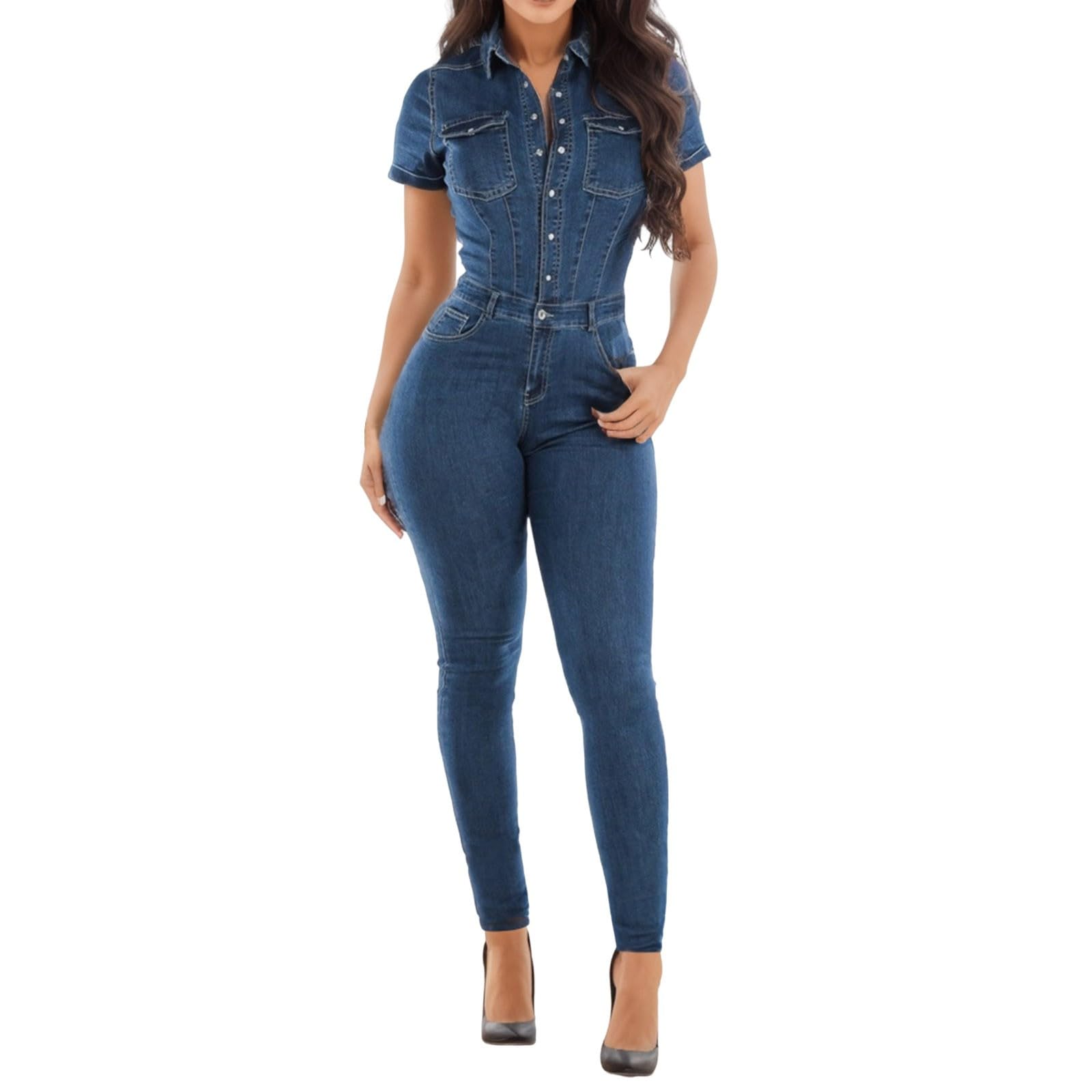 Sexy Women's Denim Jumpsuit - Stretchy Bodycon Long Romper with Pockets | One Piece Clubwear for Night Out, Party & Casual Wear
