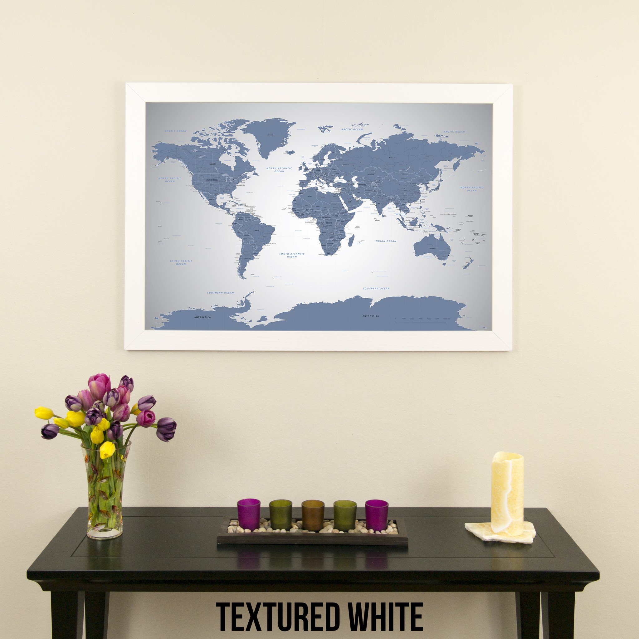 Custom Push Pin Travel Map - Blue Ice World Textured White Framed Wall Art with 150 Pins | Handmade in USA | 27.5