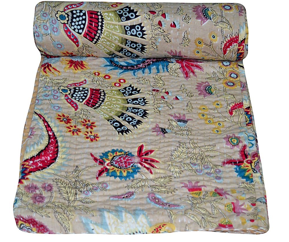 Ramdevcrafts Indian Handmade 100% Cotton Kantha Quilt - Twin Size 90x60 Inch Decorative Bedspread, Blanket & Bed Cover (Multi-Color Set of 2) - Perfect for Boho Bedroom Decor, Guest Room & Cozy Throw Blanket