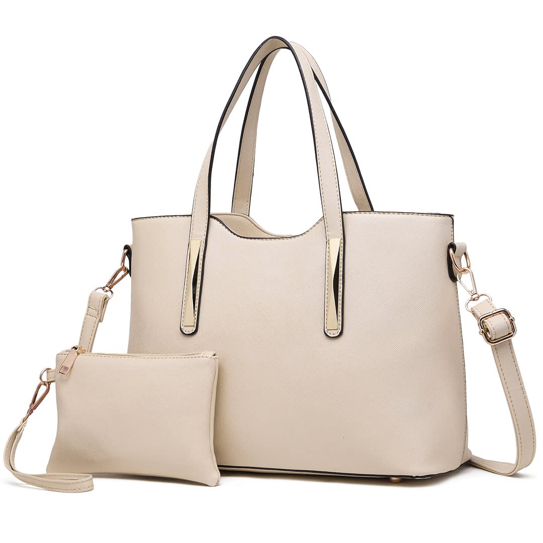 Miss Lulu Genuine Leather Tote Bag for Women - Stylish Top Handle & Shoulder Bag with Large Capacity - Perfect for Work, Travel & Daily Use - Beige Laptop Bag Set