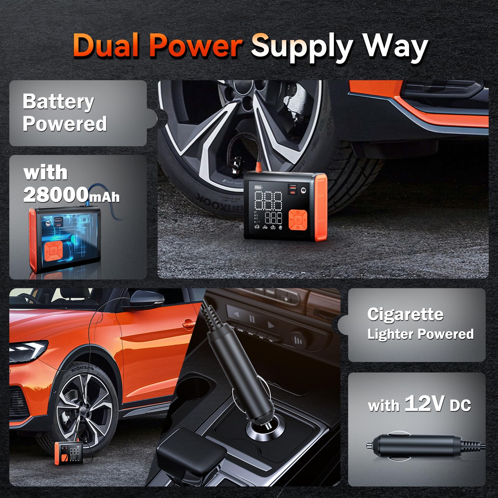 150 PSI Portable Tire Inflator Air Compressor - 3X Faster Dual Cylinder Pump with 28000mAh Battery | Dual Power Mode for Cars, Motorcycles, Bikes & Sports Equipment | Emergency Roadside & Home Inflation Solution