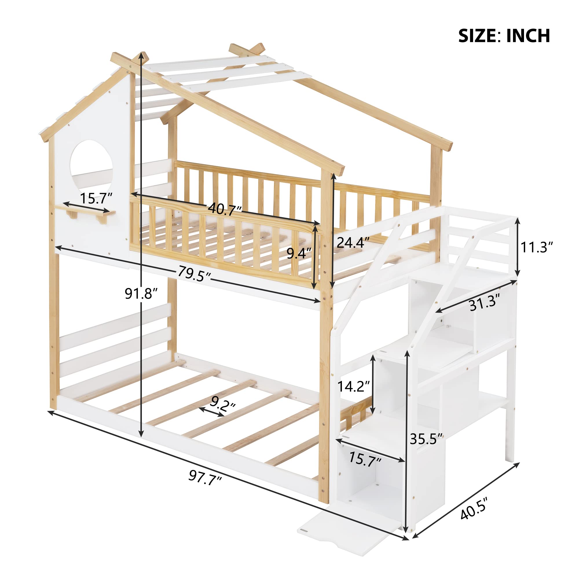 MERITLINE Twin Over Twin Low Bunk Bed with Roof & Stairs - Solid Wood Bunk Bed for Kids, Girls & Boys in Natural White Finish | Space-Saving Bedroom Solution for Siblings & Sleepovers