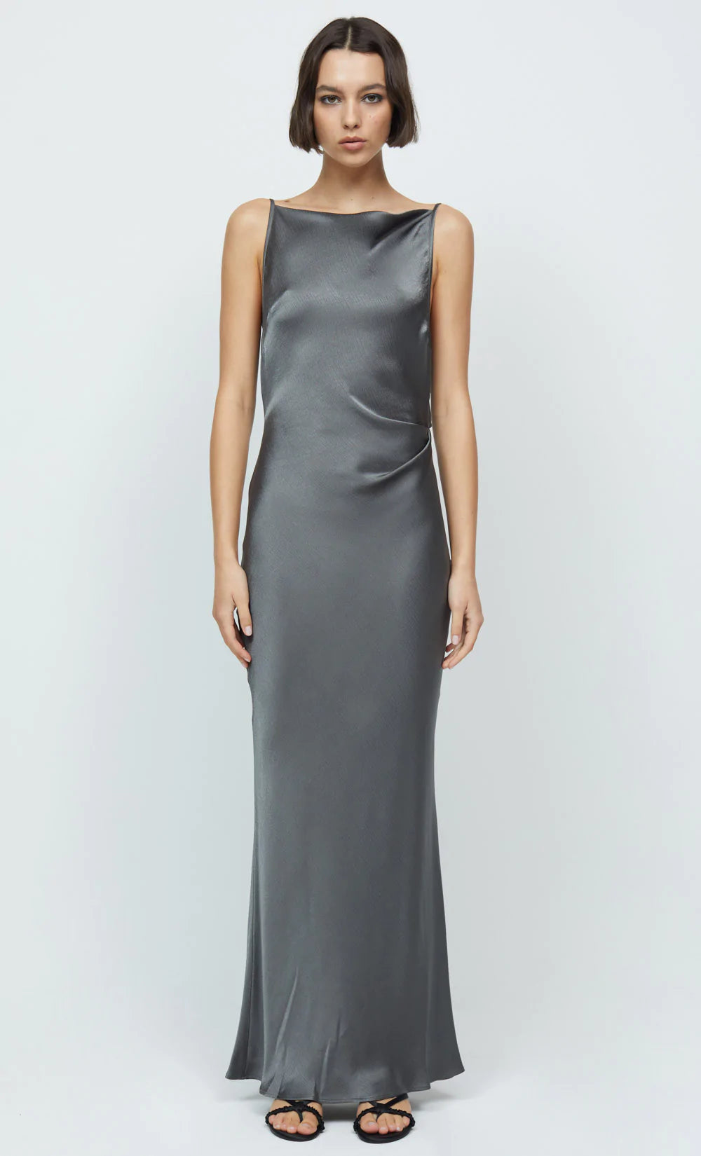 Celestial Cowl Neck Maxi Dress in Gunmetal - Elegant Long Sleeve Flowy Evening Gown for Women | Perfect for Weddings, Parties & Special Occasions