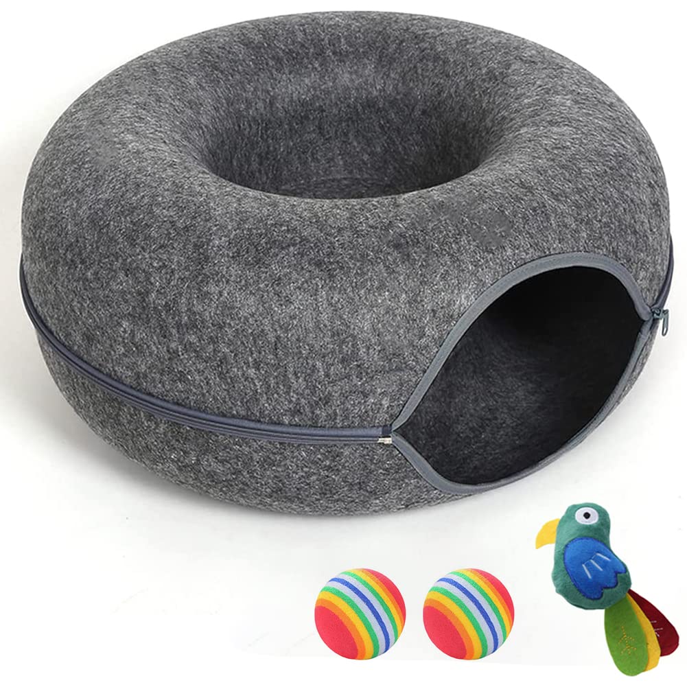 Large Donut Cat Tunnel Bed with 3 Toys - Scratch Resistant Indoor Cat Cave for Pets up to 24 Lbs - Perfect for Playtime, Napping & Stress Relief