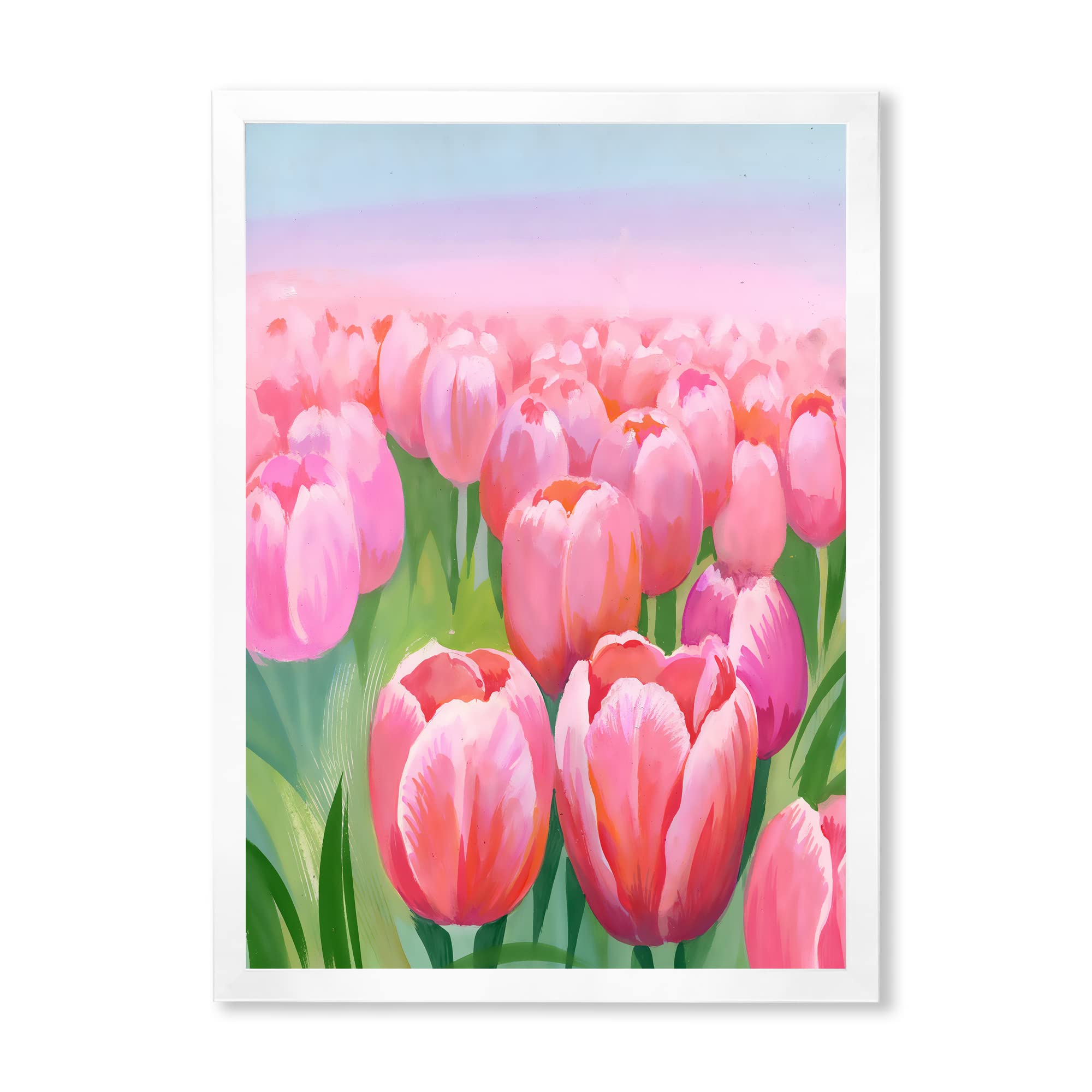 Field of Pink Tulips Traditional Framed Wall Art - Floral Home Decor for Living Room, Bedroom & Office - Ready to Hang Canvas Painting