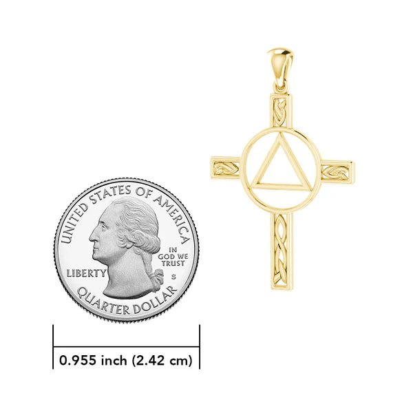 14K Yellow Gold Celtic Knotwork Cross Pendant with AA Recovery Symbol - Perfect for Sobriety Gifts & Spiritual Jewelry