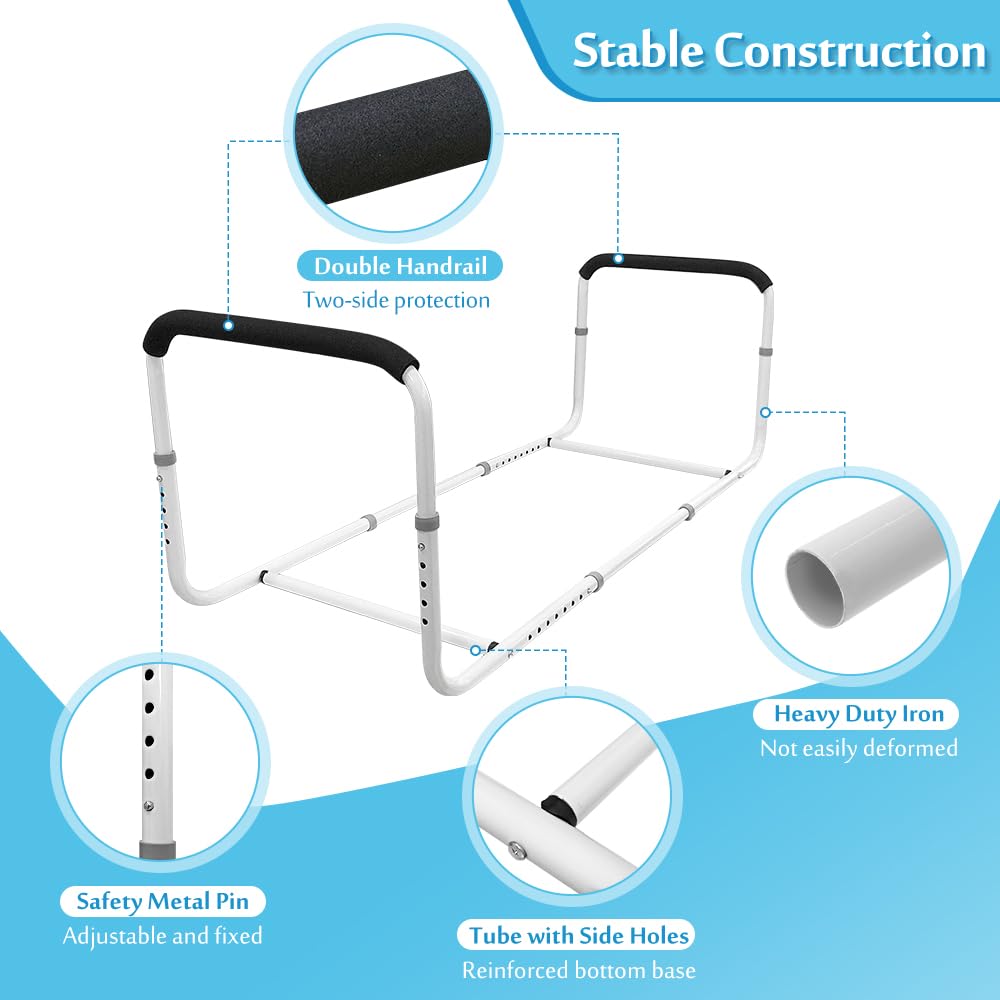 Adjustable Double Bed Rail U Bar for Medical & Home Use - Safety Assist Rail for Elderly Adults - Under Mattress Handrail Support - Fits Twin, Full & Queen Beds - Hospital & Senior Care Bed Guard (Ideal for Fall Prevention & Patient Safety)