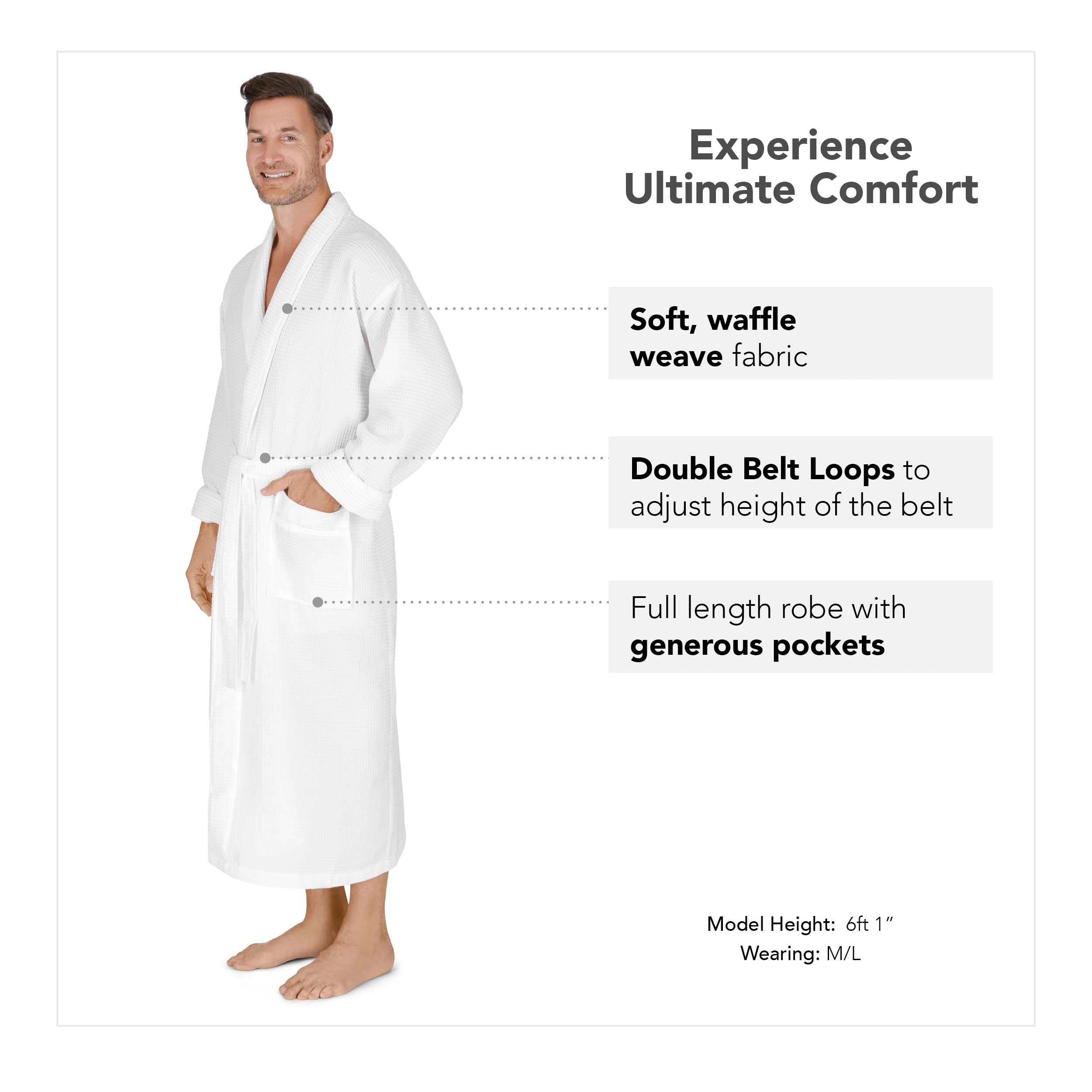 Boca Terry Men's White Waffle Knit Robe - Full Length Lightweight Shawl Collar Bathrobe for Spa, Lounge & Home Relaxation