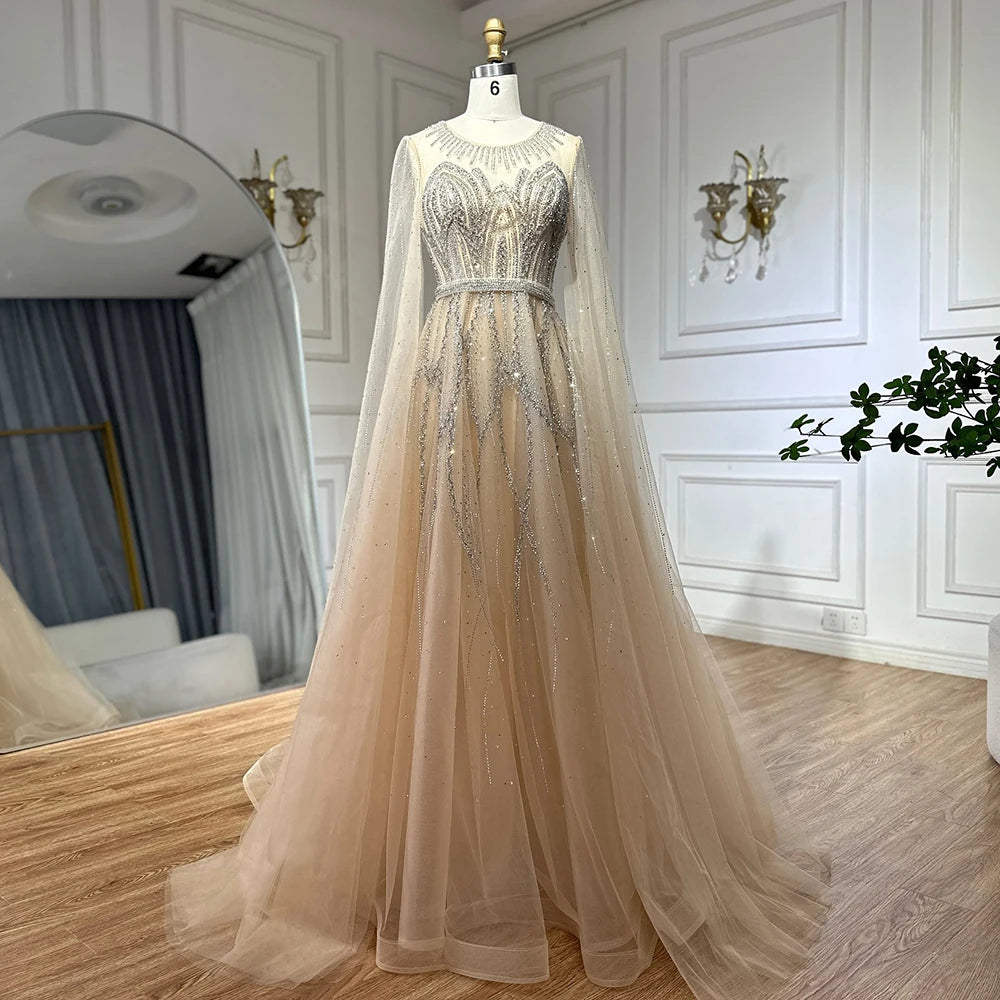 Elegant Nude Blue Beaded Long A-Line Arabic Evening Dress with Cape Sleeves for Dubai Luxury Formal Occasions - LA72785 | Perfect for Weddings, Galas, and Special Events