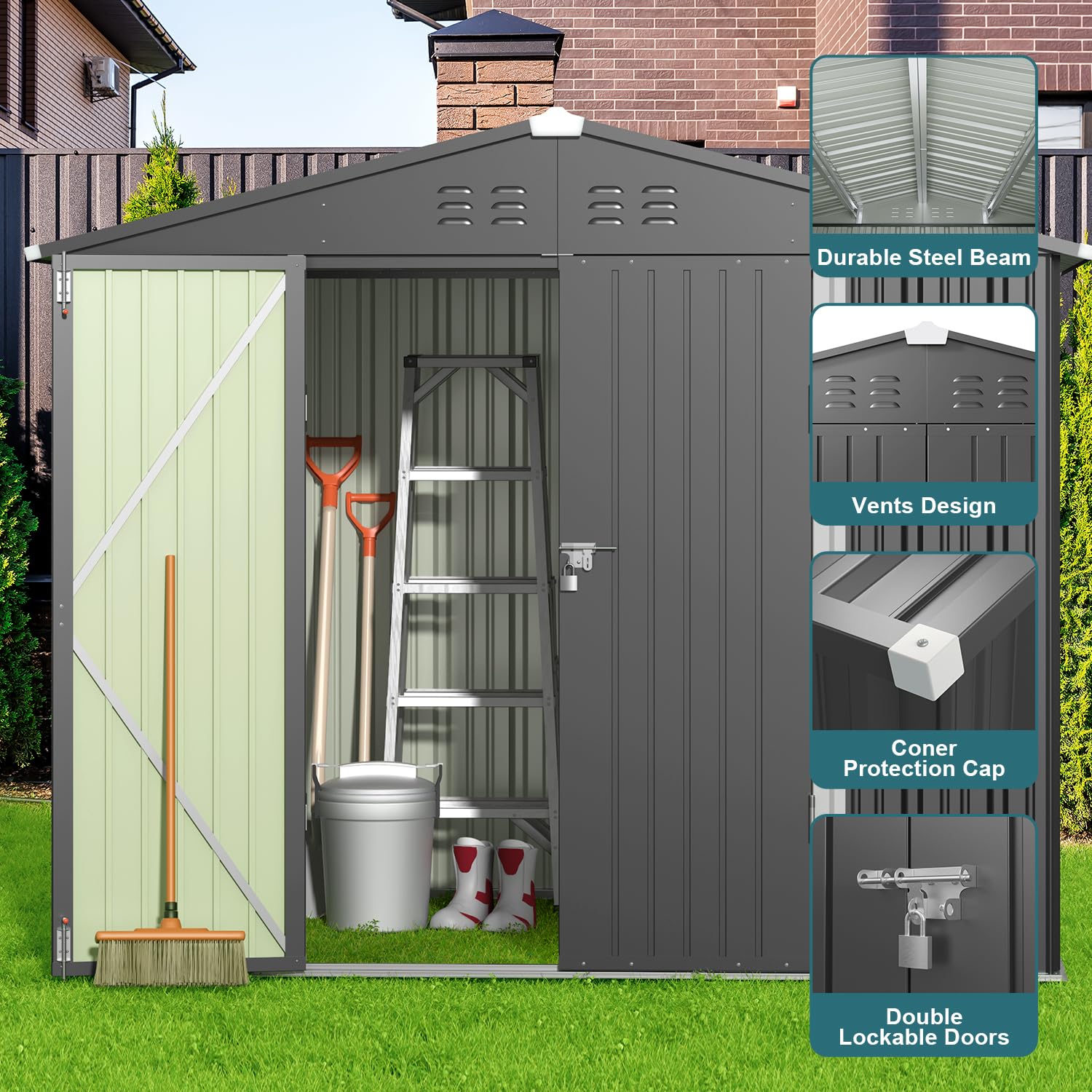 Gizoon 8x6 FT Galvanized Metal Outdoor Storage Shed - Double Lockable Doors, Weatherproof Garden Shed for Backyard, Patio & Lawn Organization (Dark Grey) | Perfect for Storing Tools, Equipment & Seasonal Items