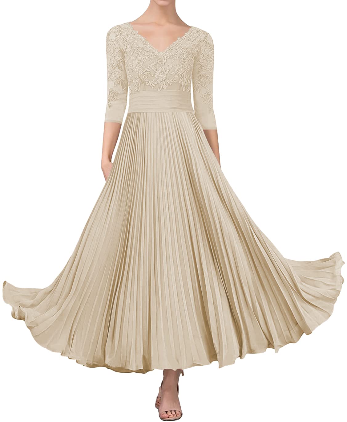 Elegant Tea-Length Mother of the Bride Dress with Lace Sleeves - Formal Wedding Party Gown for Special Occasions | Perfect for Evening Ceremonies, Receptions & Anniversary Celebrations