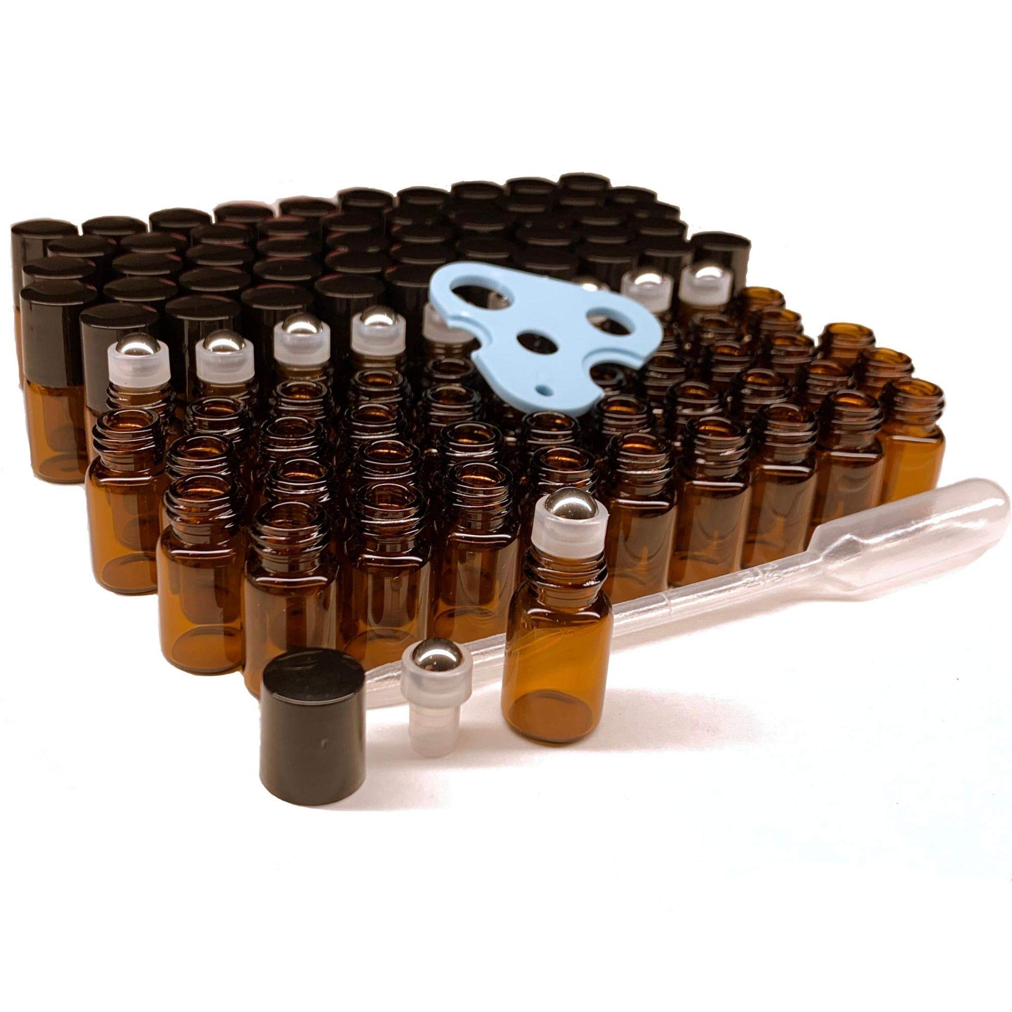 100pcs 2ml Amber Glass Roller Bottles with Stainless Steel Balls - Refillable Essential Oil Roller Bottles for Aromatherapy, DIY Blends, Travel & Sample Sizes - 5/8 Dram Roll On Bottles for Essential Oils, Perfumes & Serums