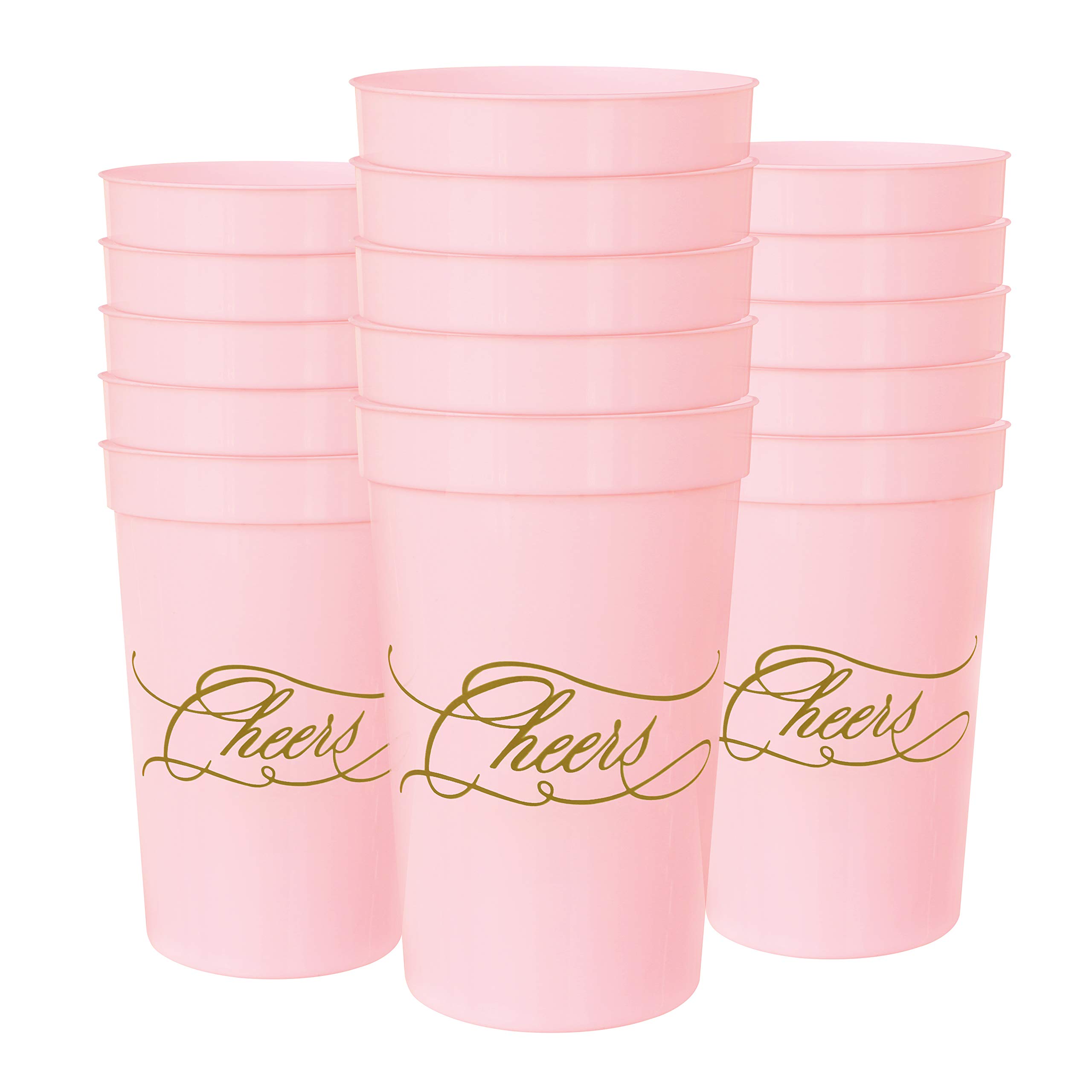 LADY&HOME 15 Pack 16 Oz Reusable Plastic Party Cups - Elegant & Durable Cheers Cups for Wedding, Birthday, Bridal Shower & Special Events (Pink) - Perfect for Cocktails, Mocktails & Champagne Toasts