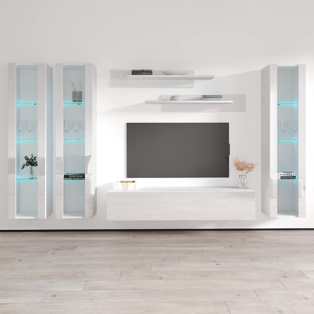 Modern Floating TV Stand with Storage & LED Lights - Wall-Mounted Entertainment Center for Bedroom & Living Room - White TV Console with Shelves - Perfect for Small Spaces & Home Theater Setup