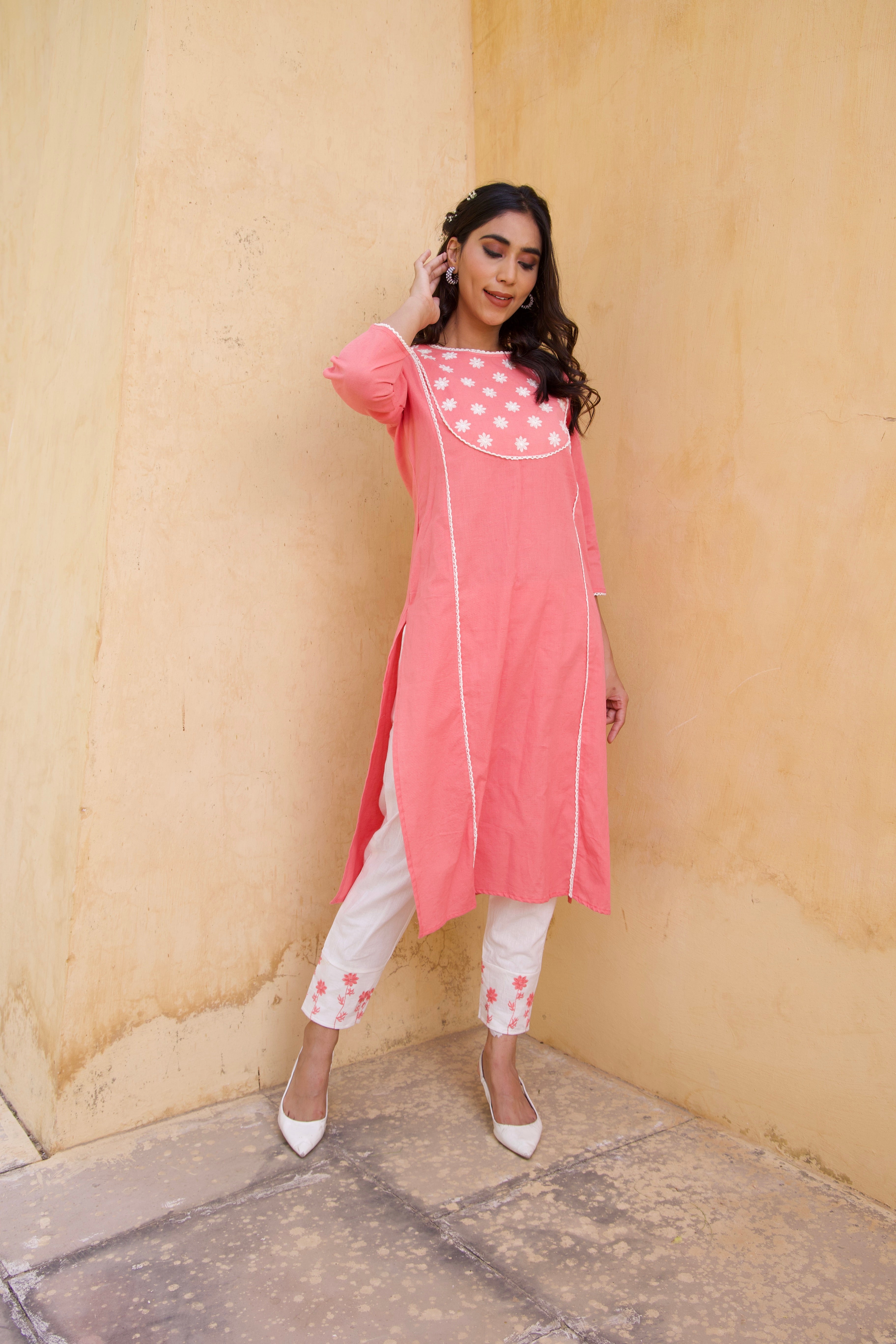 Stylish Pink Cotton Floral Kurta Set for Women - Perfect for Festivals, Parties & Casual Wear