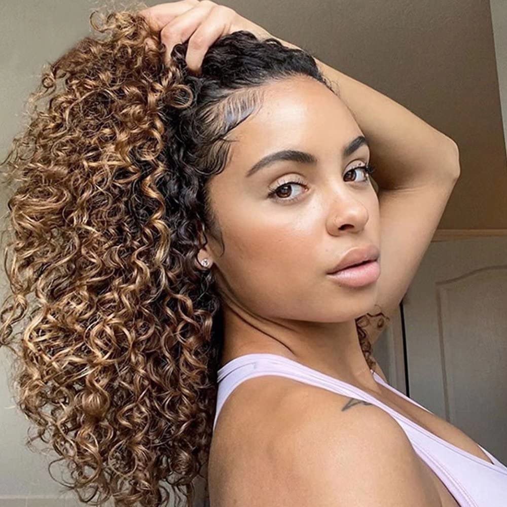Imeya 20 Inch Ombre Highlight Blonde Brown Lace Front Wigs - 13x6 Transparent Human Hair Wig with Baby Hair for Black Women | 150% Density Brazilian Deep Curly Glueless Wig | Perfect for Daily Wear, Parties, Cosplay & Special Occasions