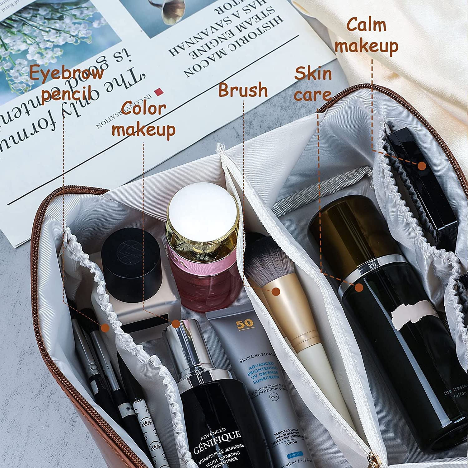 Leather Cosmetic Travel Bag for Women - Large 12cm Capacity Makeup Organizer with Handle & Divider, Portable Wide Opening Storage Bag (Brown) - Perfect for Travel, Gym & Daily Beauty Essentials