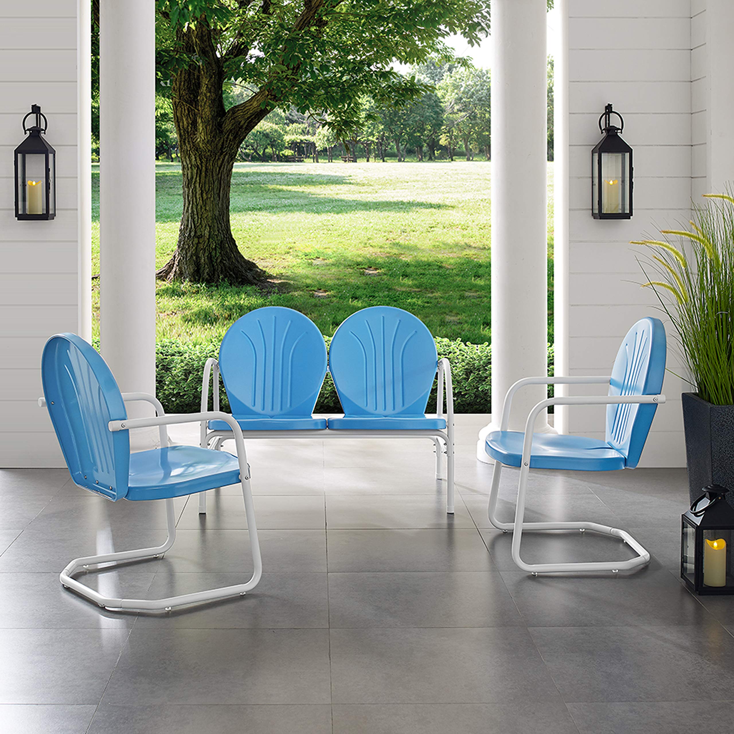 Crosley Griffith 3-Piece Retro Metal Outdoor Patio Set - Sky Blue Bistro Chairs & Loveseat for Porch, Garden, Poolside & Backyard Relaxation