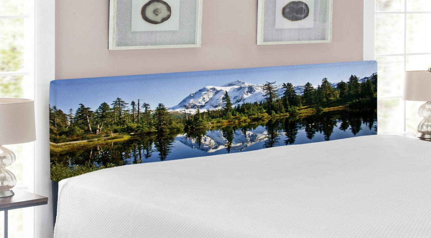Ambesonne King Size Upholstered Headboard - Fall Trees & Snowy Mountain Landscape with Crystal Lake, Decorative Metal Bed Headboard with Memory Foam (Green Blue White) - Perfect for Bedroom Decor & Nature-Inspired Home Design
