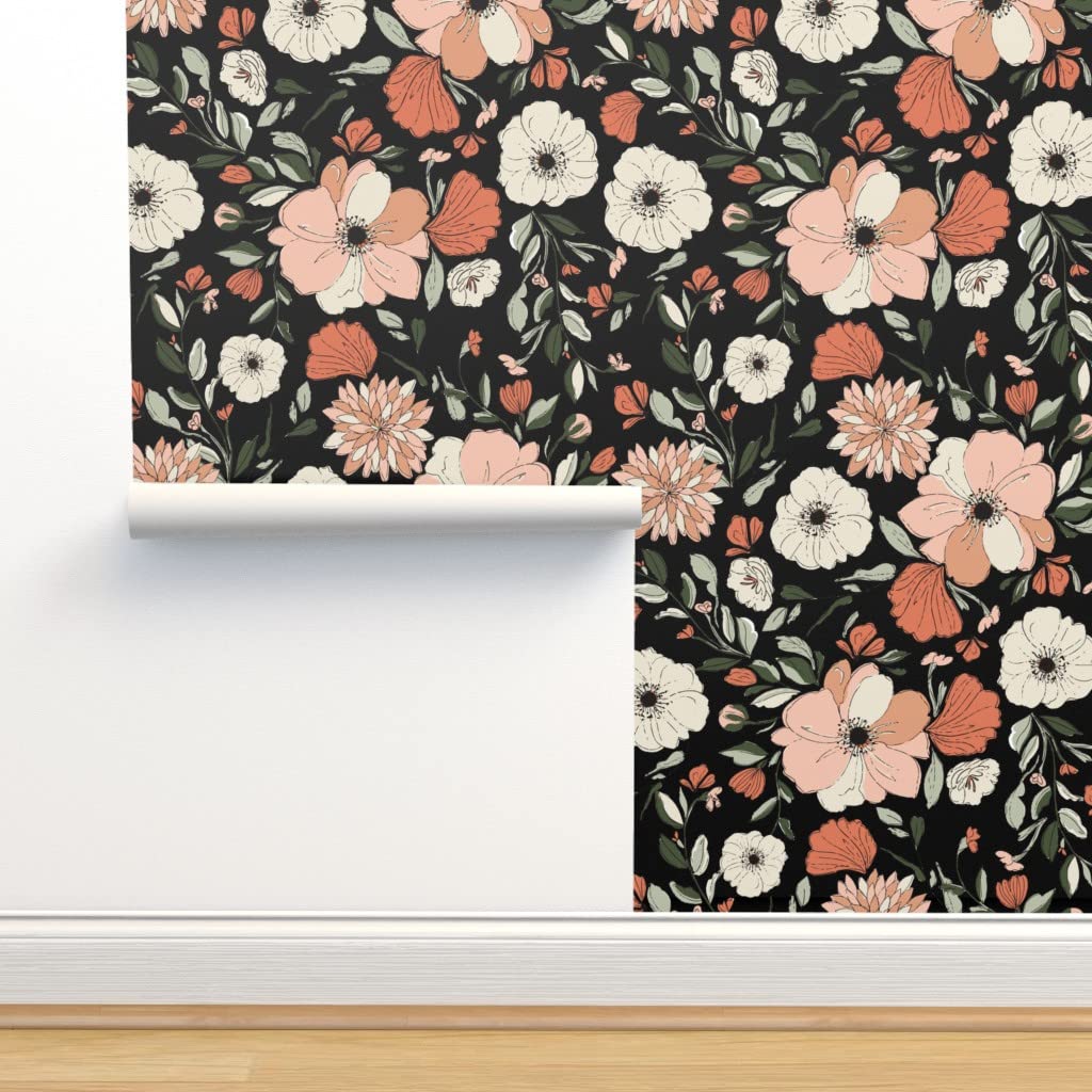 Commercial Grade Wallpaper Swatch - Coral Blush Floral Black Flower Feminine Dark Romantic Poppy Peony Traditional Wallpaper Roll | Perfect for Bedroom, Living Room, Nursery & Home Decor