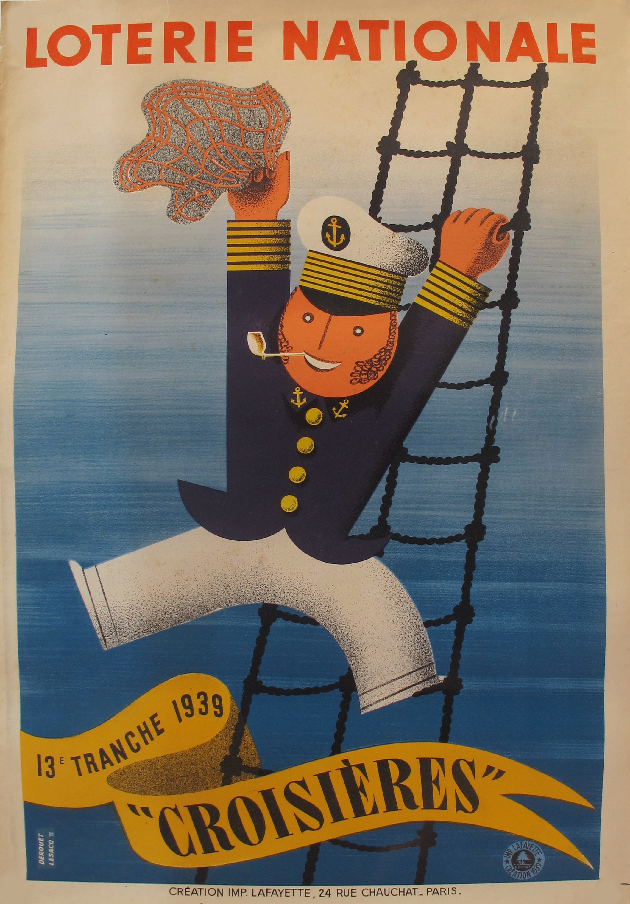 Vintage 1939 French Art Deco Poster - Loterie Nationale 13e Tranche Croisières Advertisement | Home Decor, Office Wall Art & Retro Collectible