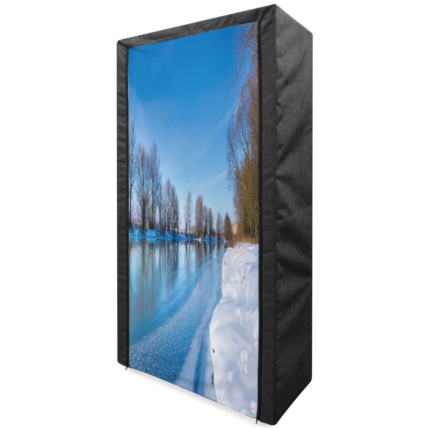 Ambesonne Winter Fabric Wardrobe - Portable Clothing Organizer with Shelves, 33.5 Inch Storage Closet - Snow Covered Frozen Winter Landscape Print in Blue White Brown - Perfect for Seasonal Clothes Storage in Bedroom, Dorm or RV