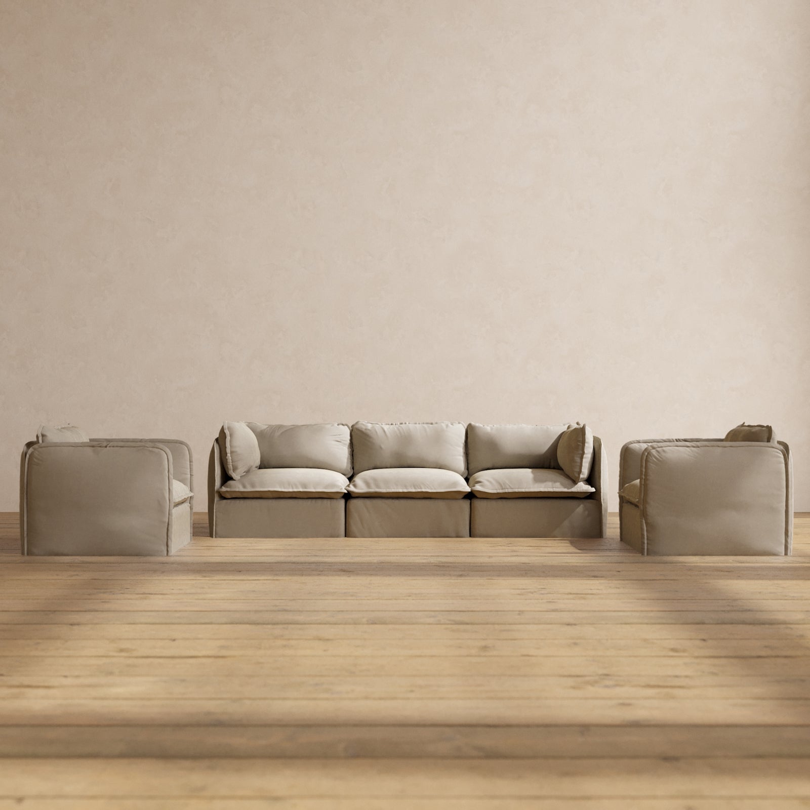 Modular Performance 3-Seater Sofa and Armchair Set in Dune Color | Modern L-Shaped Sectional Couch with Ottoman | Perfect for Living Room, Lounge, and Family Room Relaxation