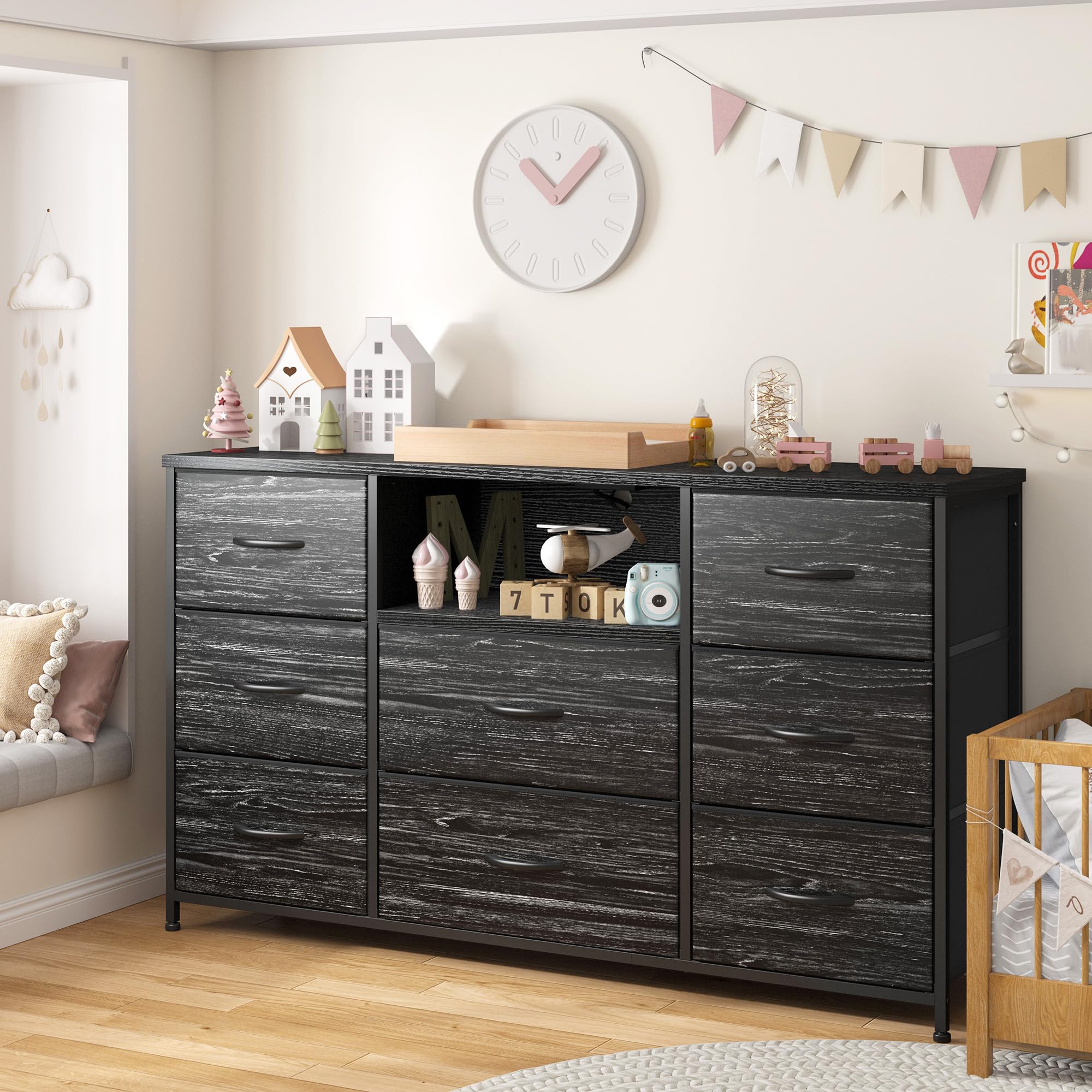 EnHomee 8-Drawer Black Dresser with Built-in Power Outlets - Sturdy TV Stand for 55