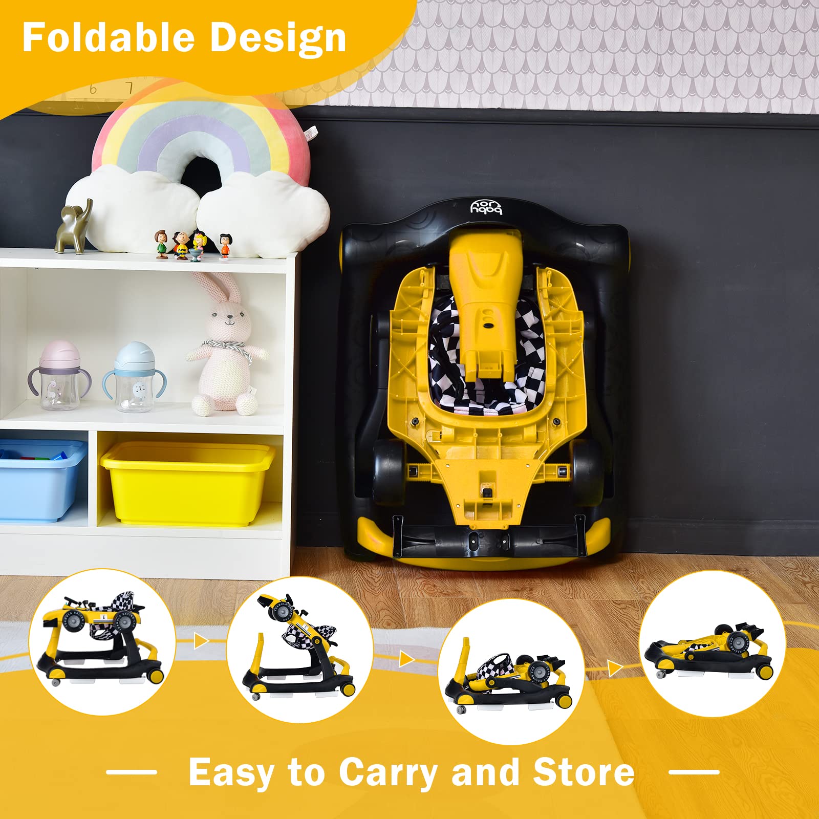 BABY JOY 4-in-1 Foldable Baby Walker with Adjustable Height & Speed - Interactive Music, LED Lights, Anti-Rollover Safety Design - Toddler Push Walker with Wheels for Boys & Girls 6-18 Months (Yellow) - Perfect for Learning to Walk, Indoor Play & Early Childhood Development