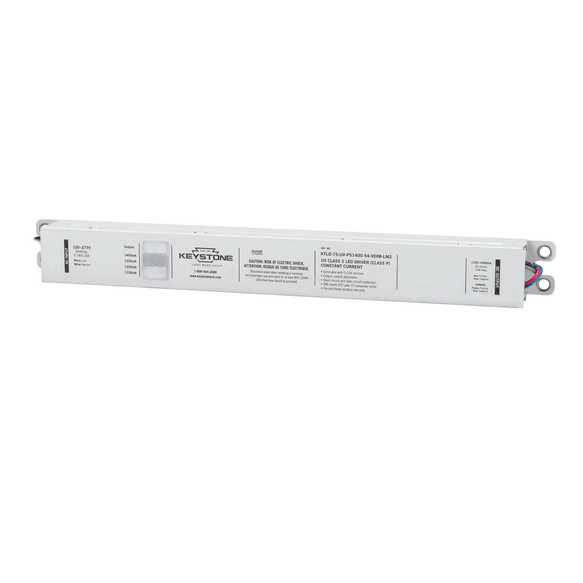 75W LED Driver with Selectable Current 1400mA/1700mA, 0-10V Dimming, 120-277V Input - Perfect for Commercial & Residential LED Lighting Projects