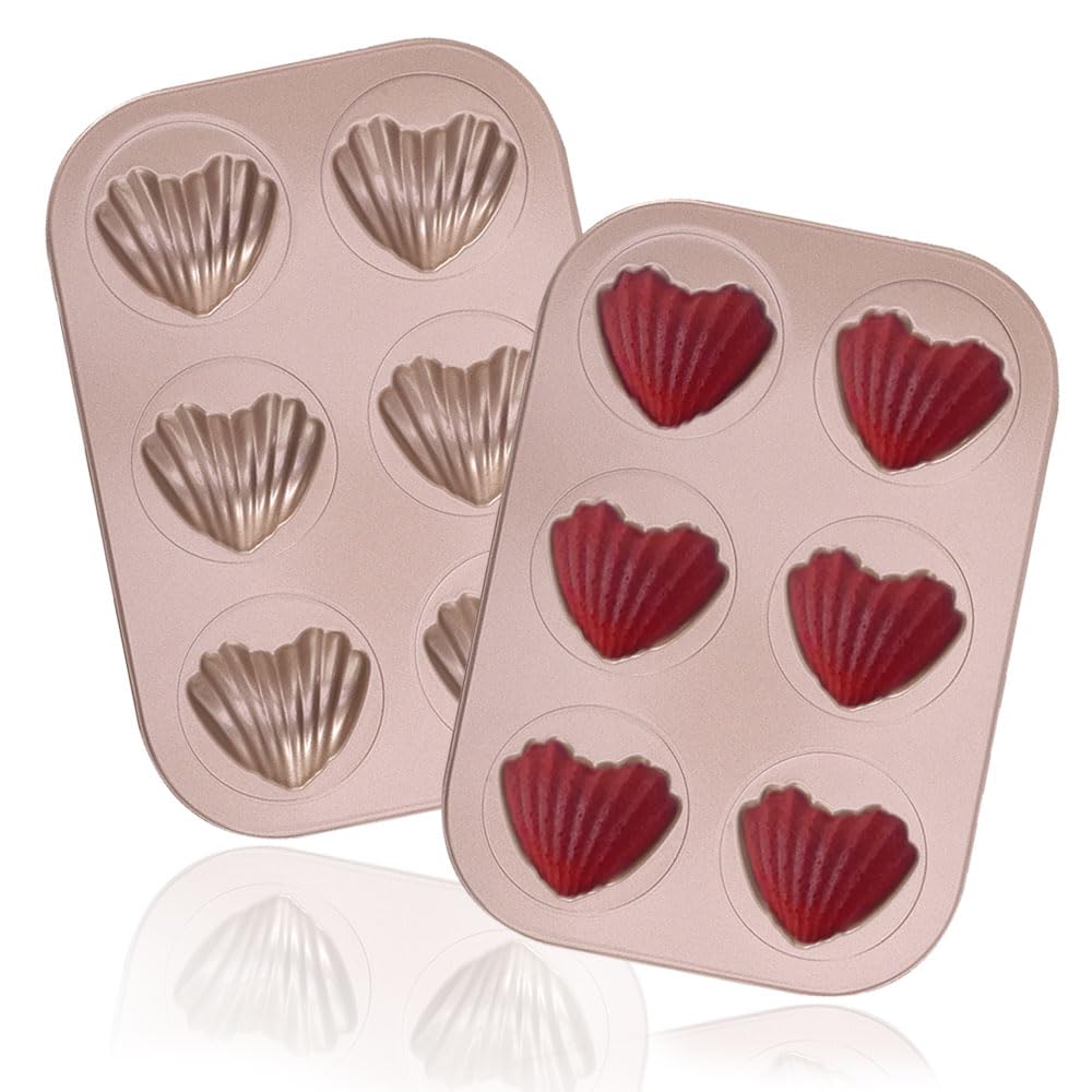 2-Piece Madeleine Mold Cake Pan Set - 6 Cavity Heart-Shaped Mini Tea Cake Pans for Baking | Perfect for Afternoon Tea, Dessert Parties & French Pastry Making