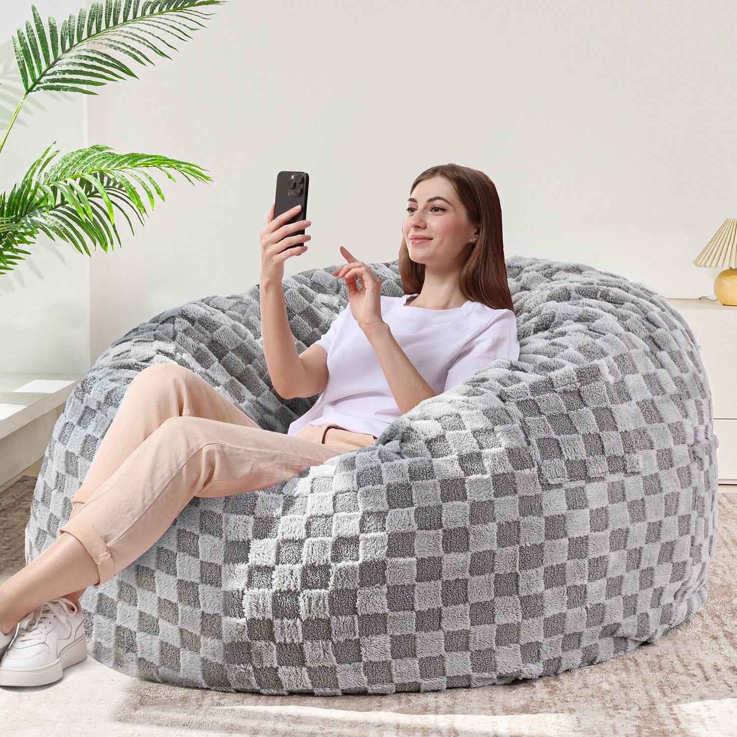 MAXYOYO Giant Bean Bag Bed - Convertible Bean Bag Chair to Bed with Jacquard Shaggy Plush Removable Cover for Living Room & Bedroom (Grey) - Perfect for Lounging, Gaming, and Guest Sleeping