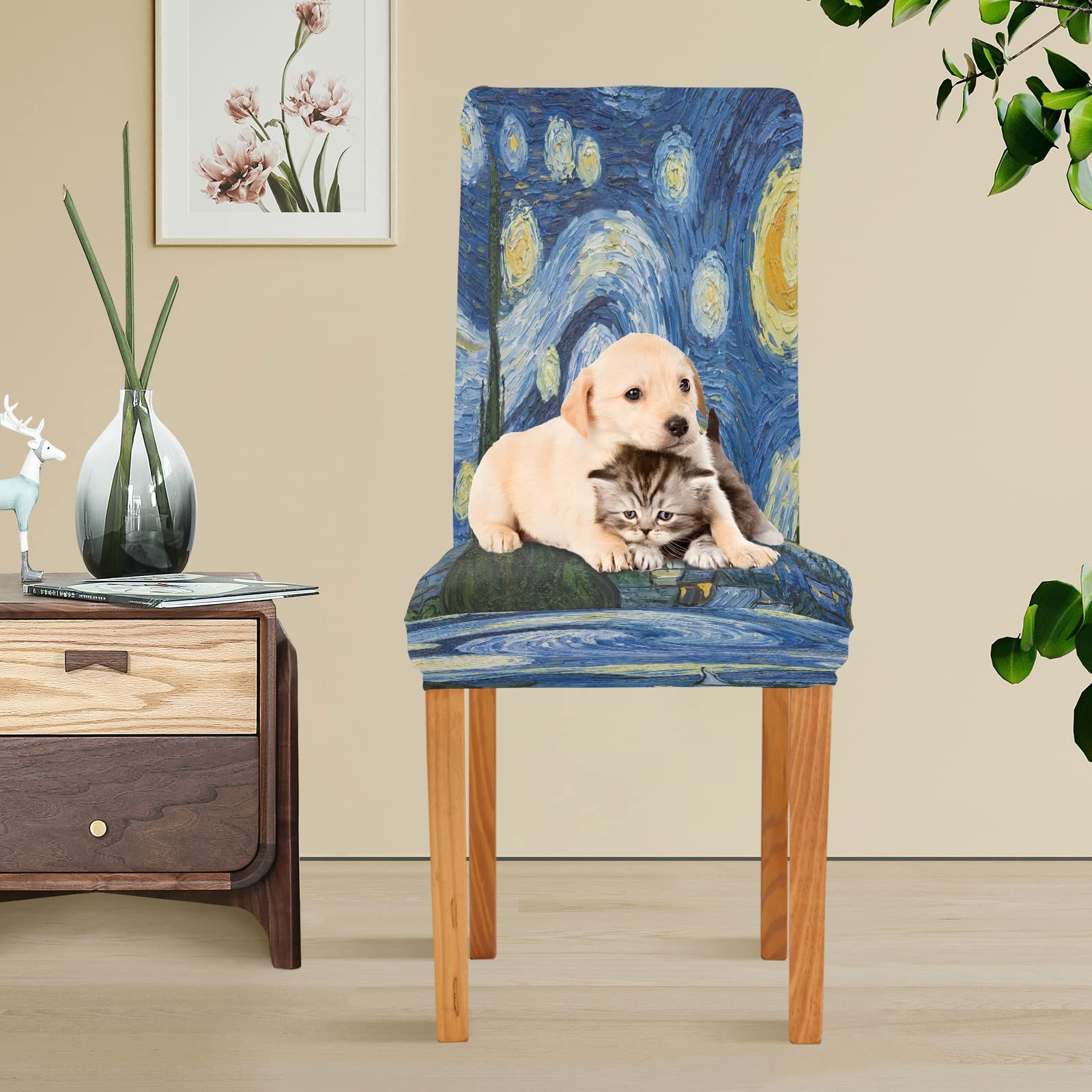 Van Gogh The Starry Night Stretch Chair Slipcovers - Washable Dining Room Chair Covers Set of 2, Anti-Dust Seat Protectors for Kitchen & Home Decor | Perfect for Art Lovers' Dining Sets, Cafe Style Chairs, and Van Gogh Themed Room Decor