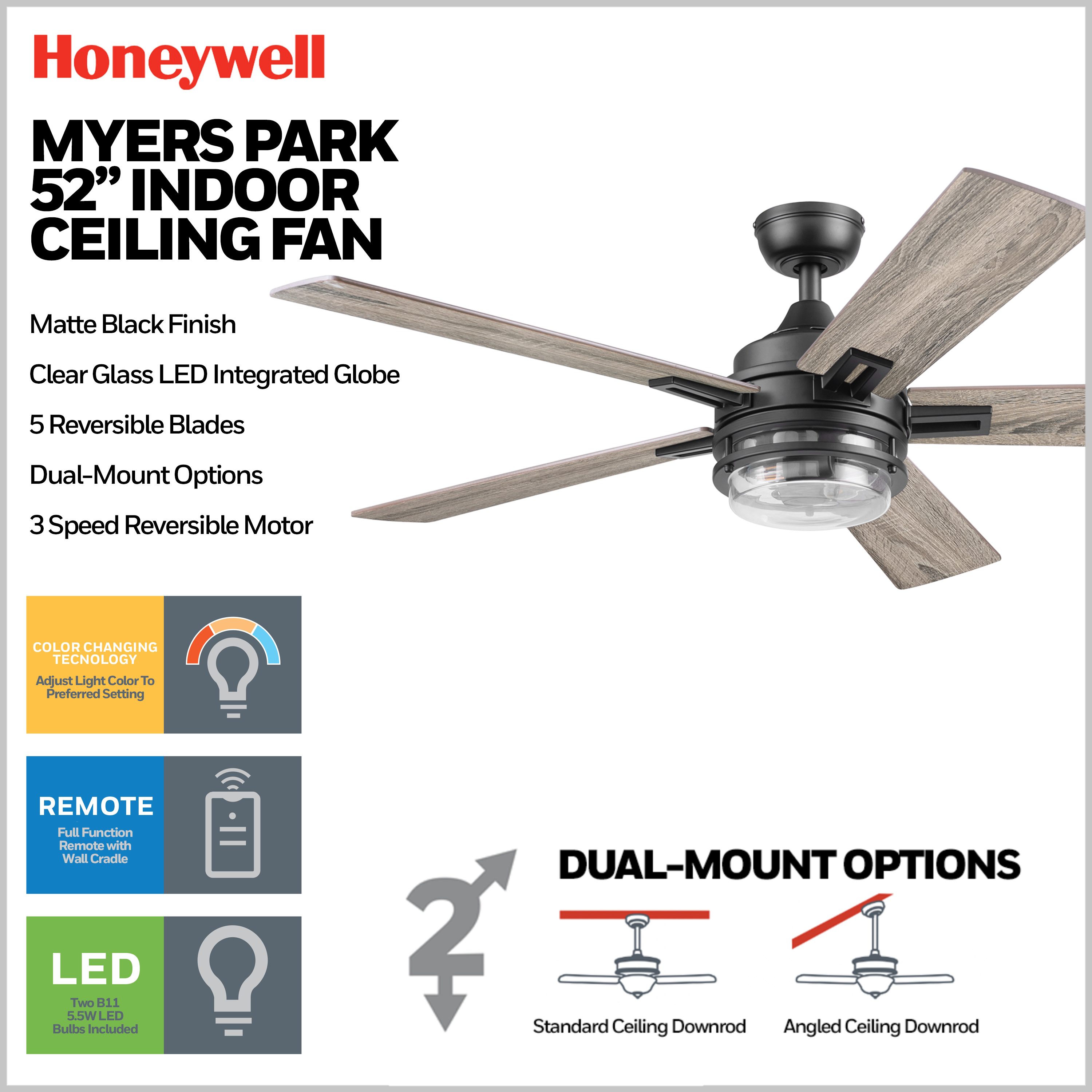 52 Inch Honeywell Myers Park Matte Black Ceiling Fan with Light Kit & Remote Control - Energy Efficient Indoor/Outdoor Cooling for Living Room, Bedroom, Patio